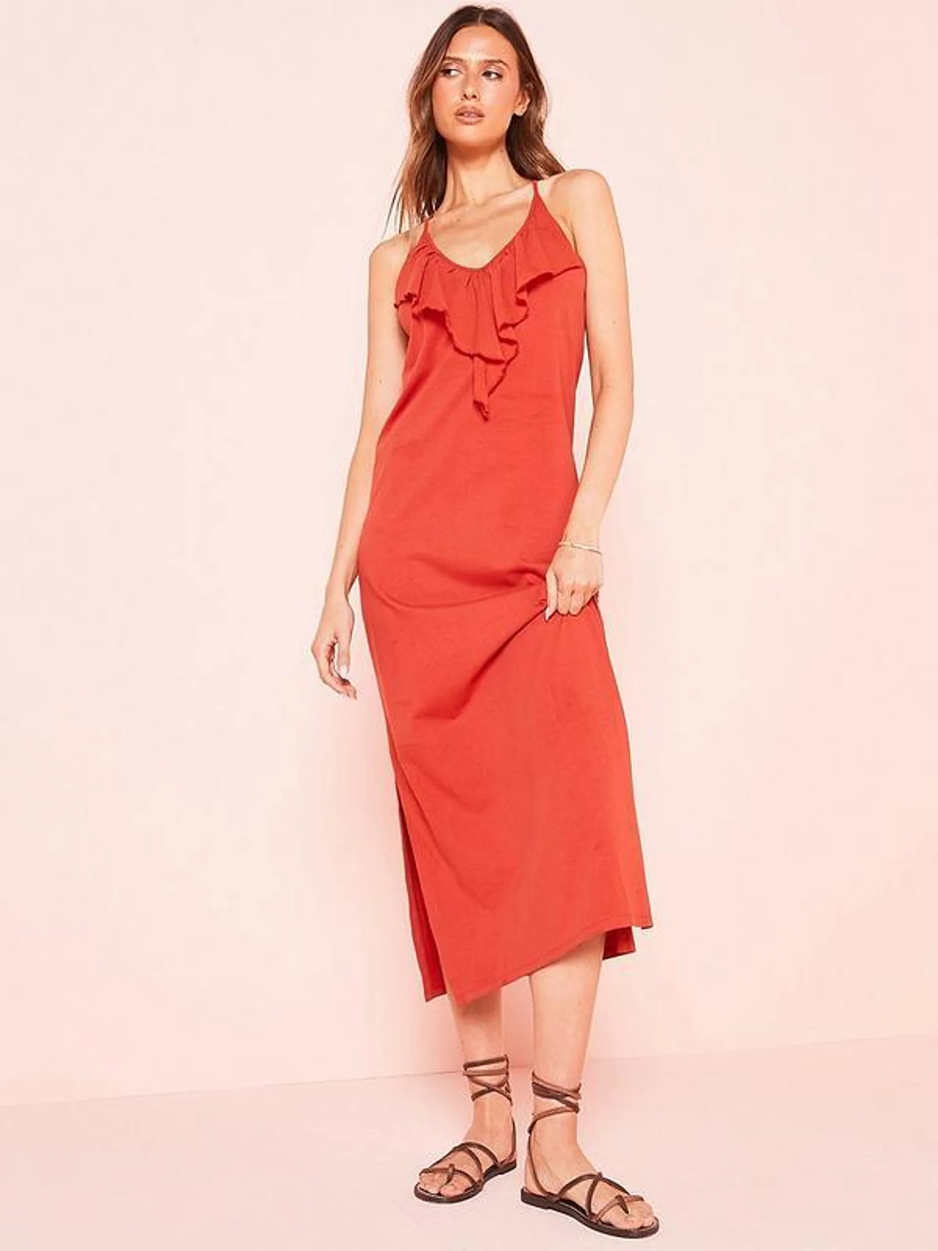 Ruffle Front Jersey Midi Dress - Red