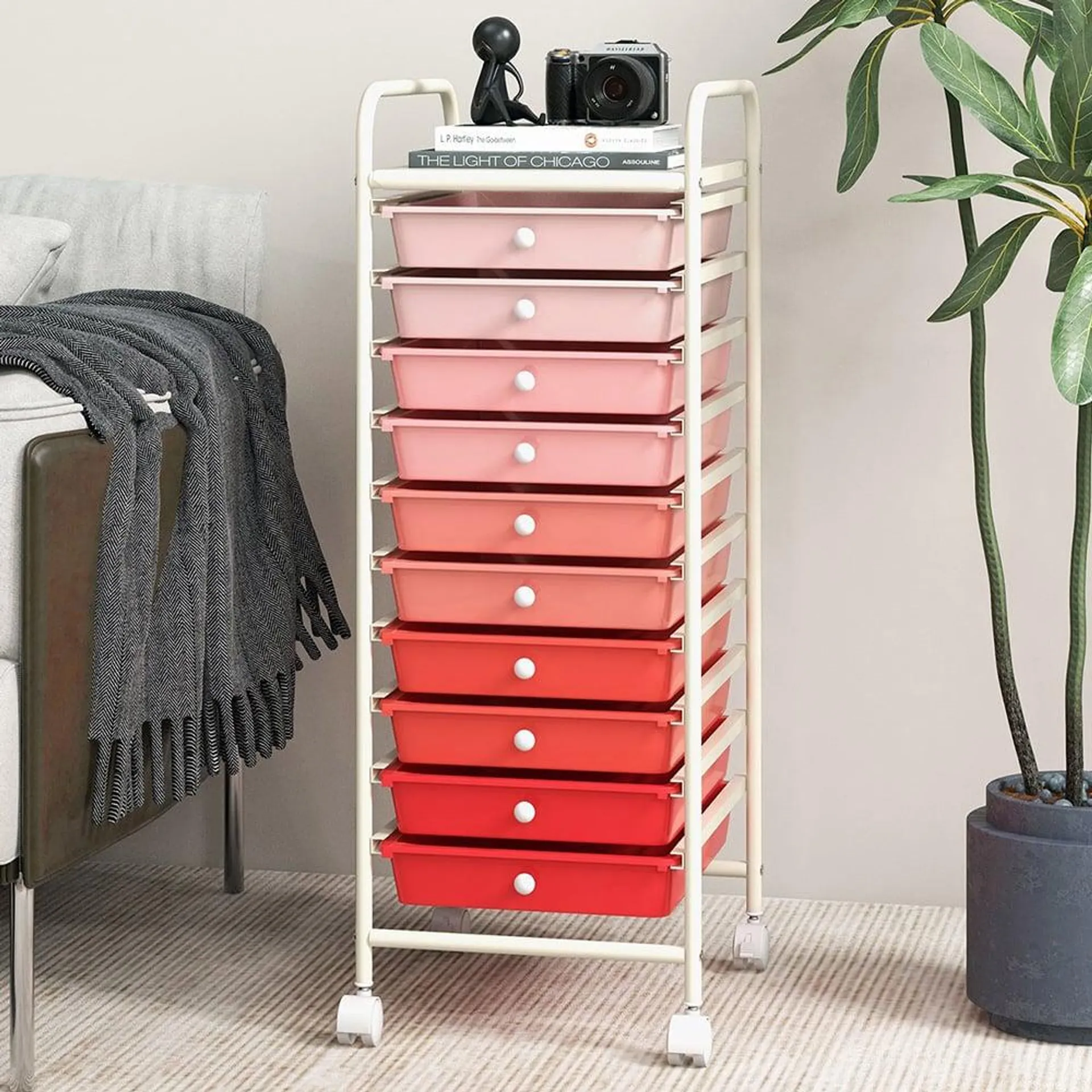 Costway 10 Drawer Pink Mobile Storage Trolley