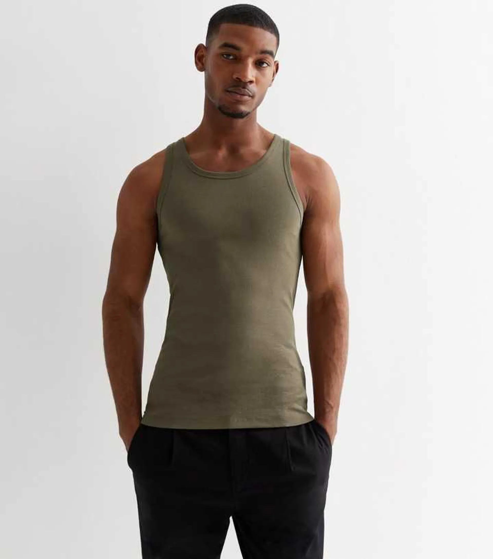 Khaki Ribbed Jersey Muscle Fit Vest