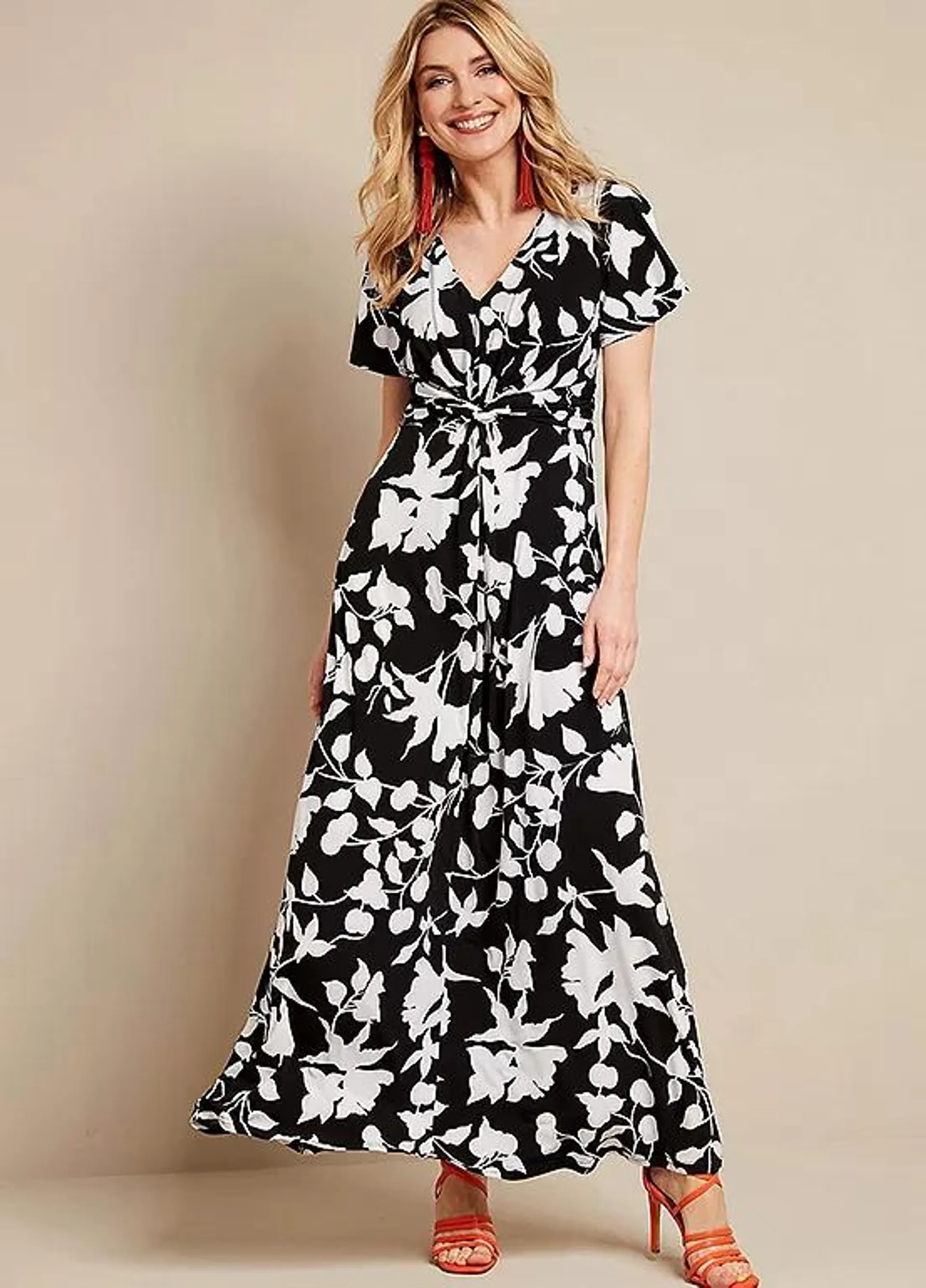 Kaleidoscope Mono Floral Print Twist Maxi Dress