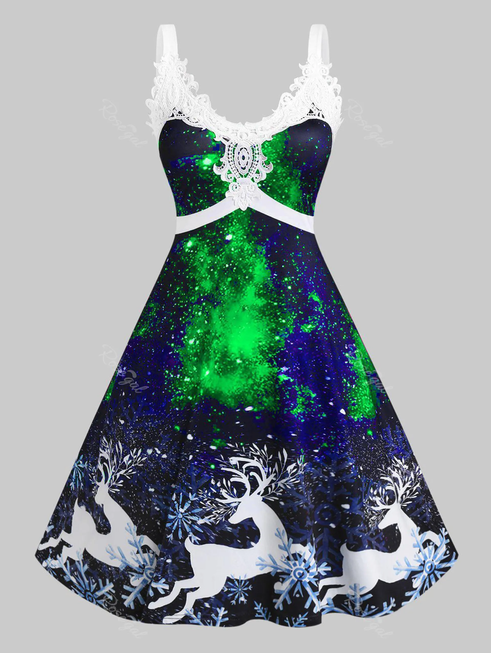 Plus Size Elk Print 3D Galaxy Lace Panel Christmas Midi Dress - 4x