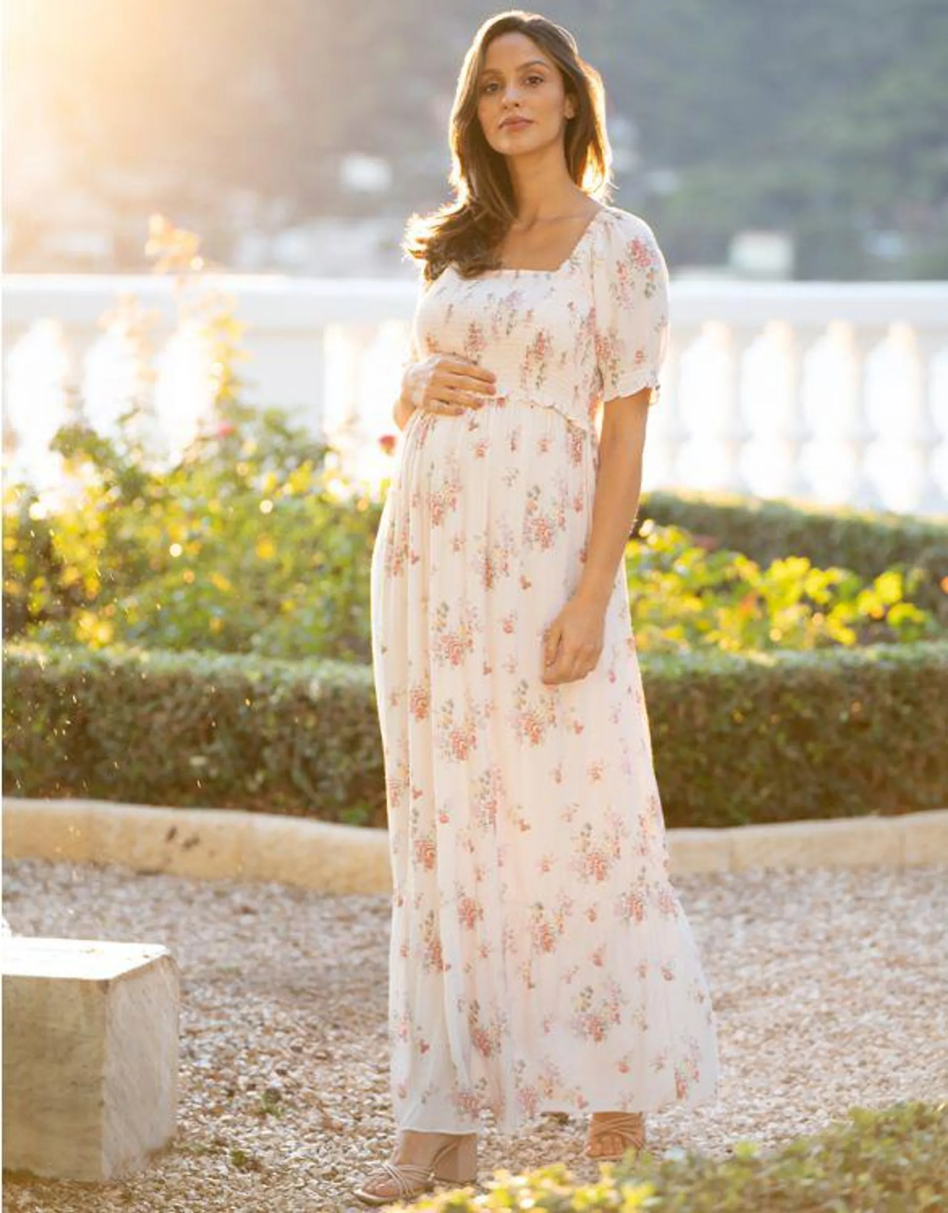 Vintage Garden Florals Cream Maxi Maternity & Nursing Dress