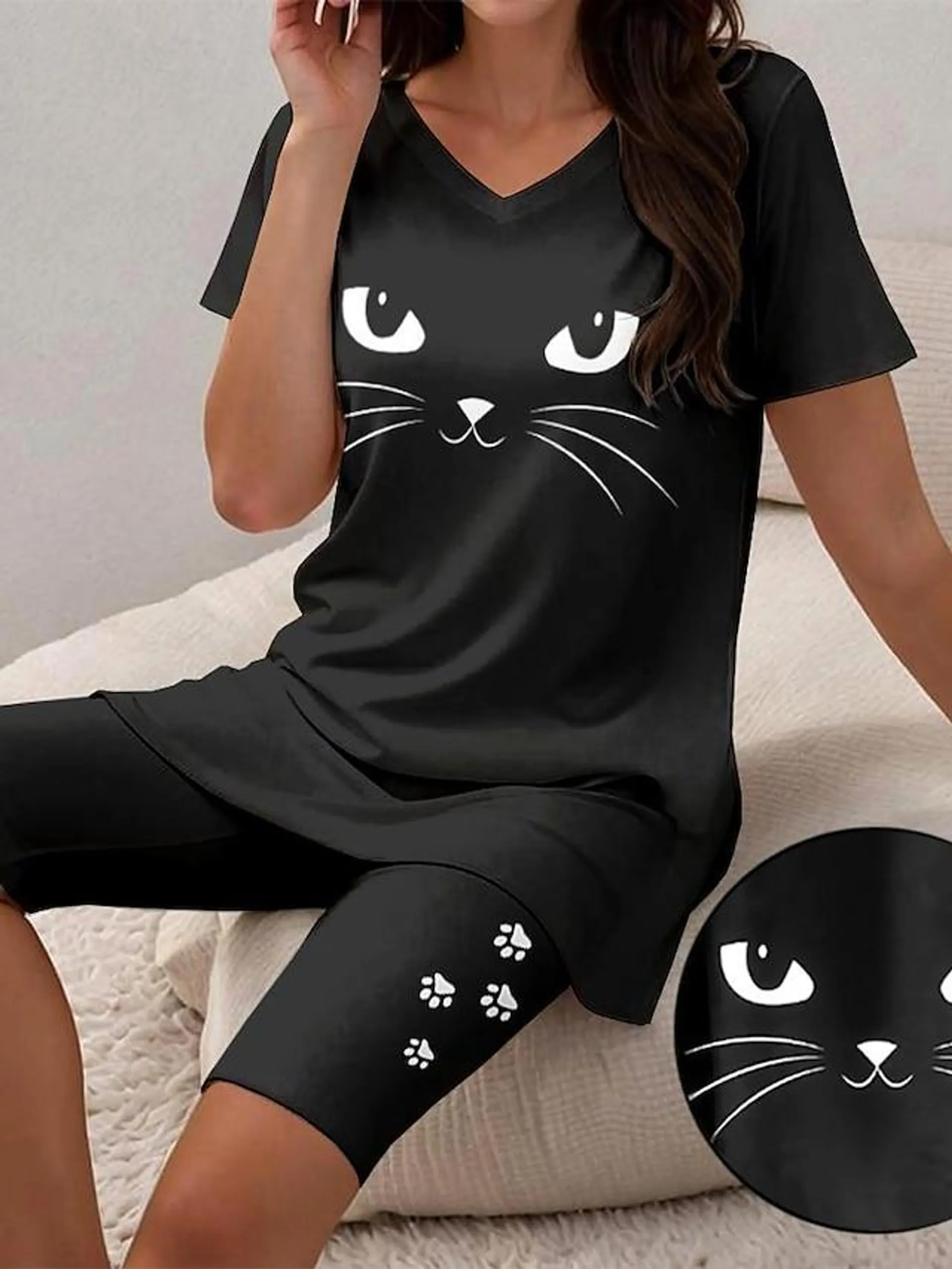 Women's T shirt Tee Shorts Sets Cat Print Casual Daily Fashion Short Sleeve V Neck Black Summer