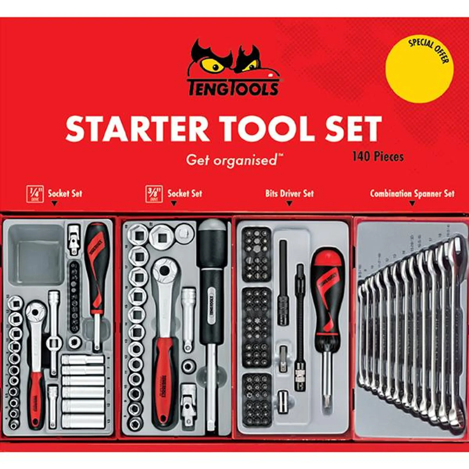 Teng 4 Tray Starter Tool Set Sockets Spanners Ratchet & Screwdrivers