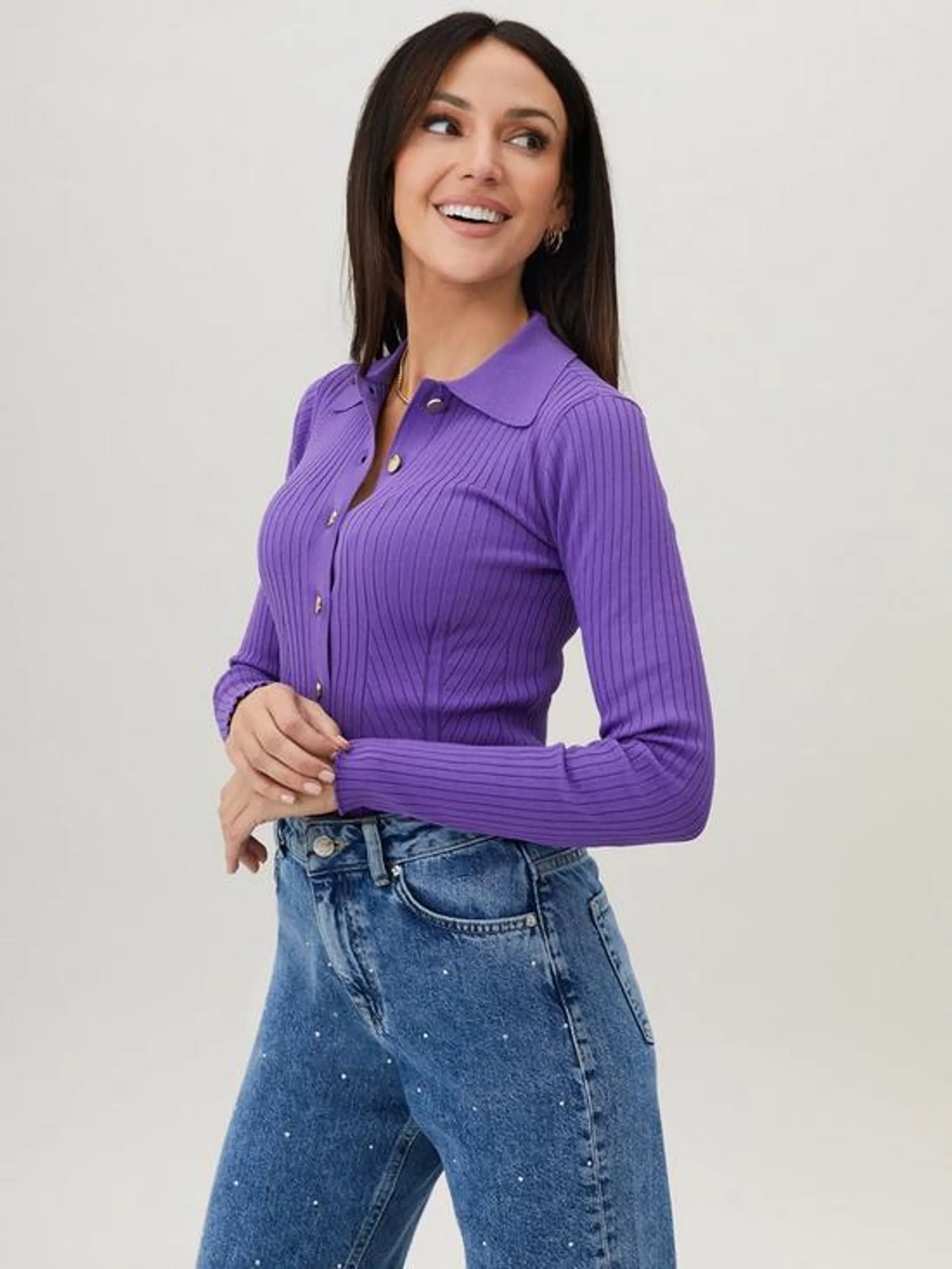 Michelle Keegan Button Through Knitted Top - Lilac
