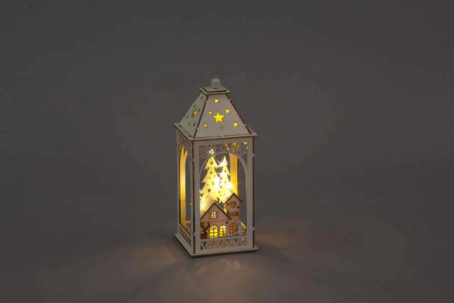 Battery Operated 28.5cm Natural Wood Lantern House Scene