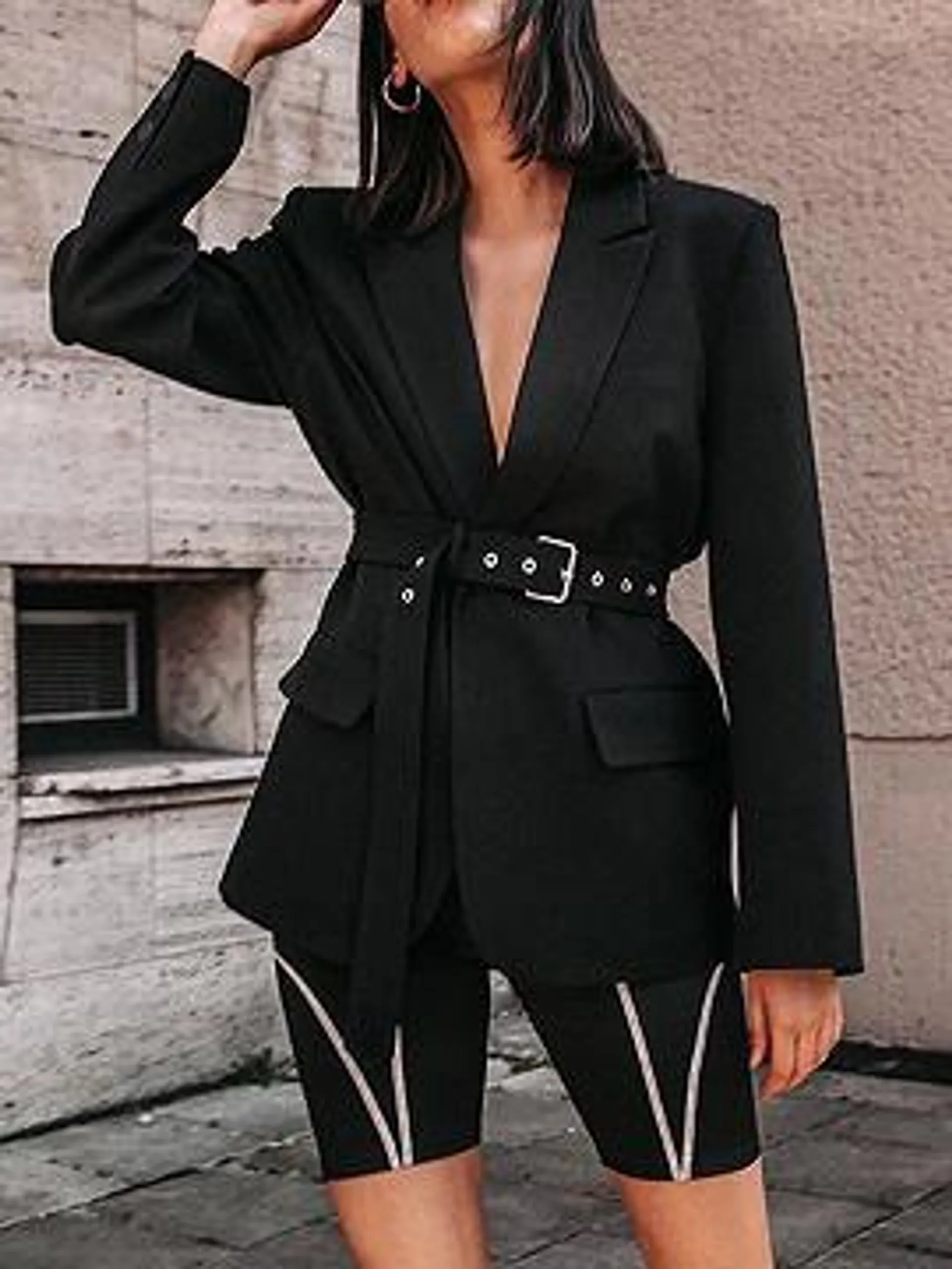 Black Lapel Neck Buckle Strap Waist Long Sleeve Blazer