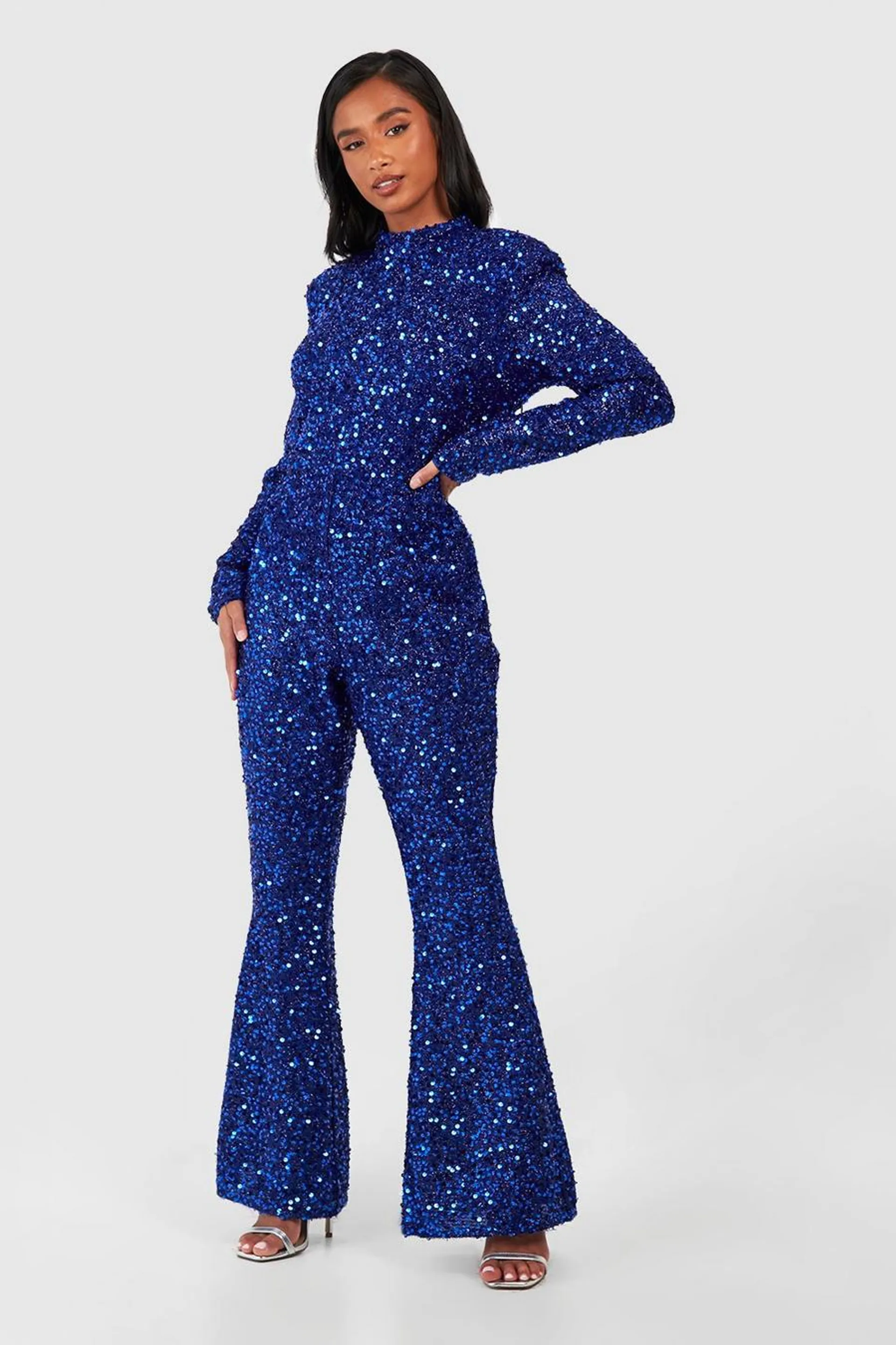 Petite Sequin Shoulder Pad Backless Jumpsuit