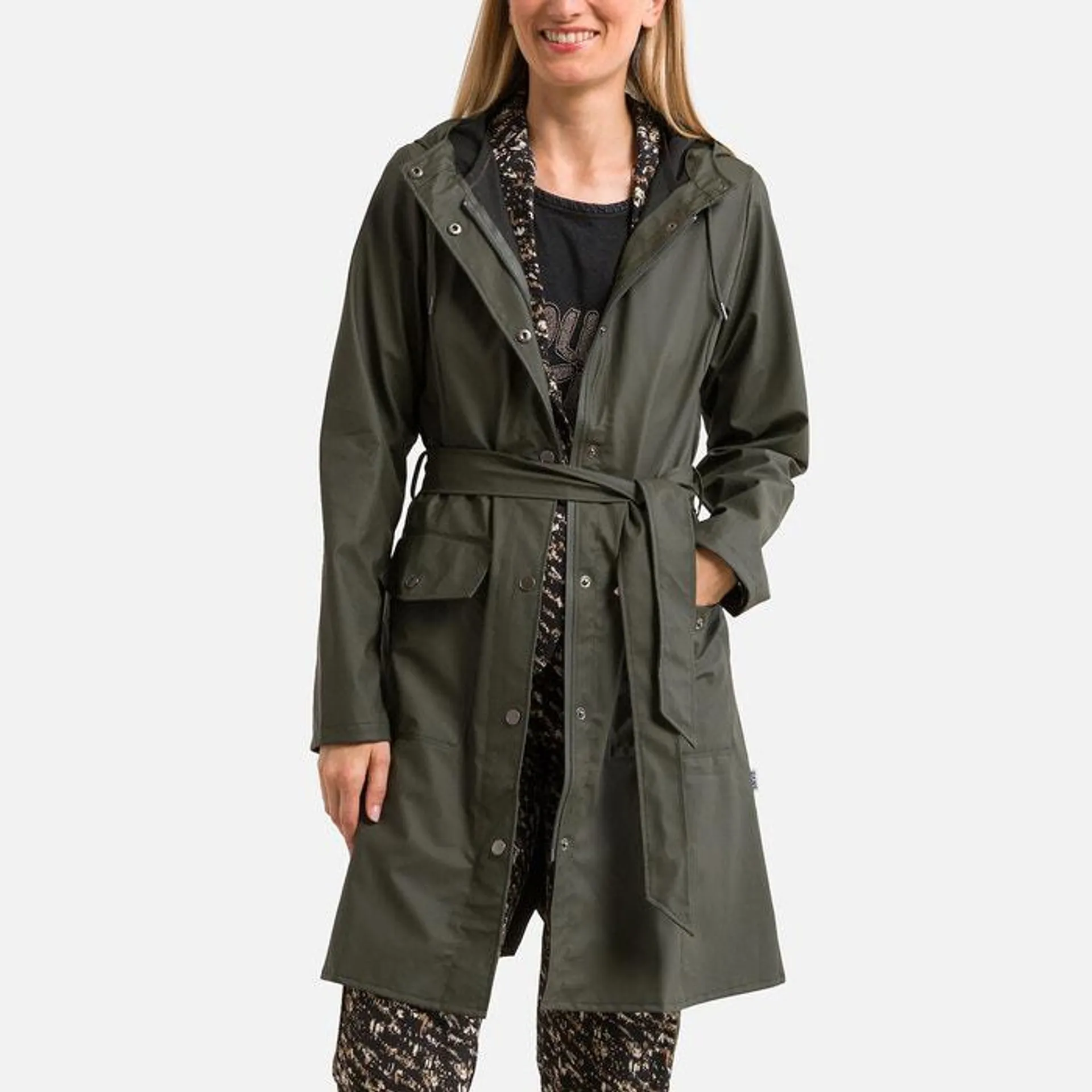 Unisex Curve Long Trench Coat with Belt and Zip Fastening