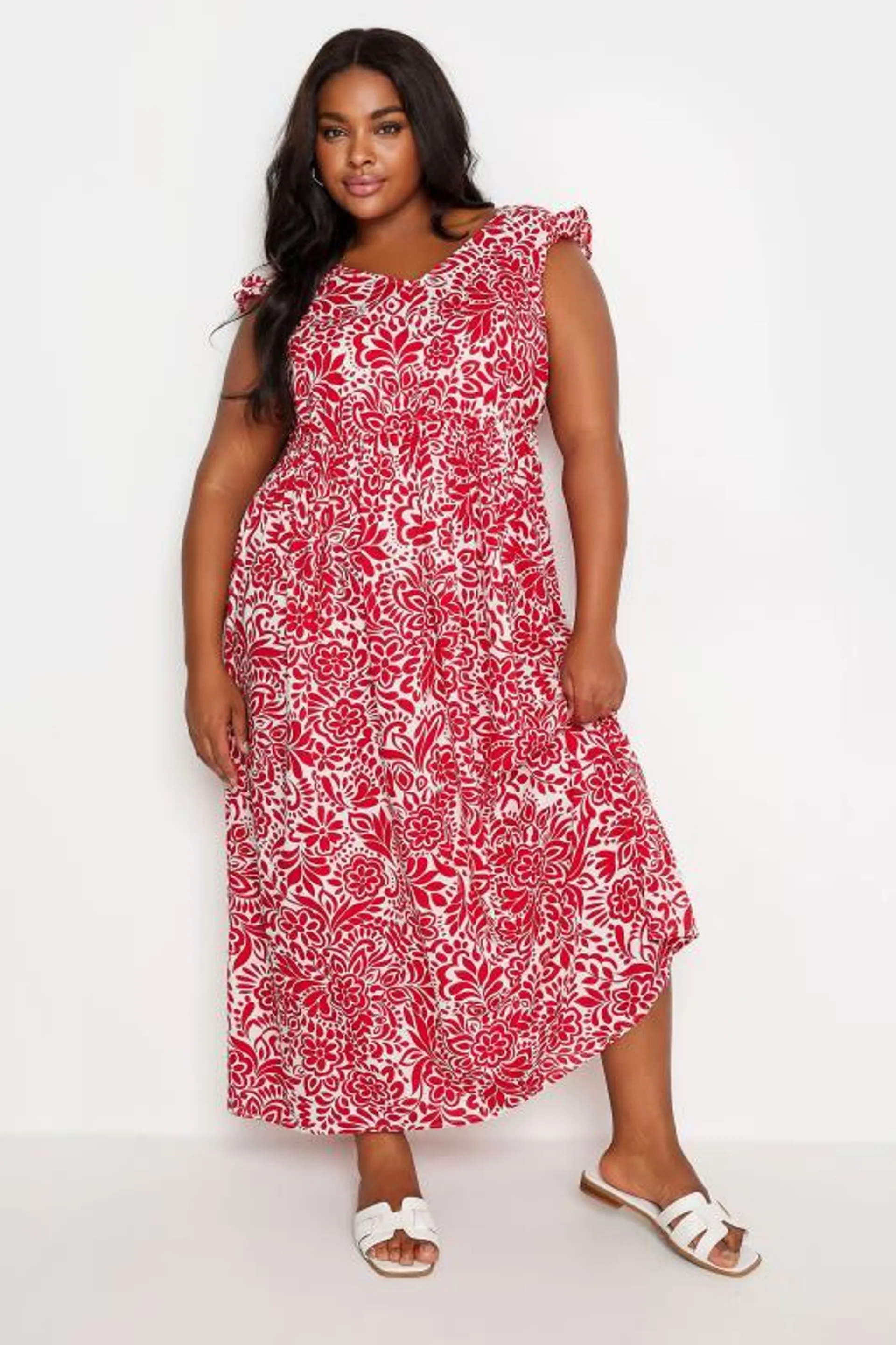 YOURS Curve Red Paisley Print Frill Sleeve Maxi Dress