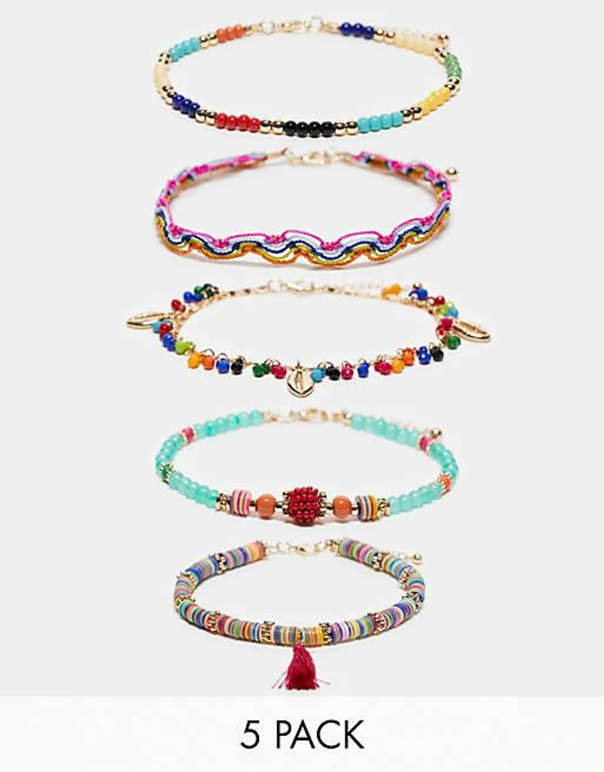 ASOS DESIGN pack of 5 anklets in multicolour beads with tassel and shell charms in gold tone