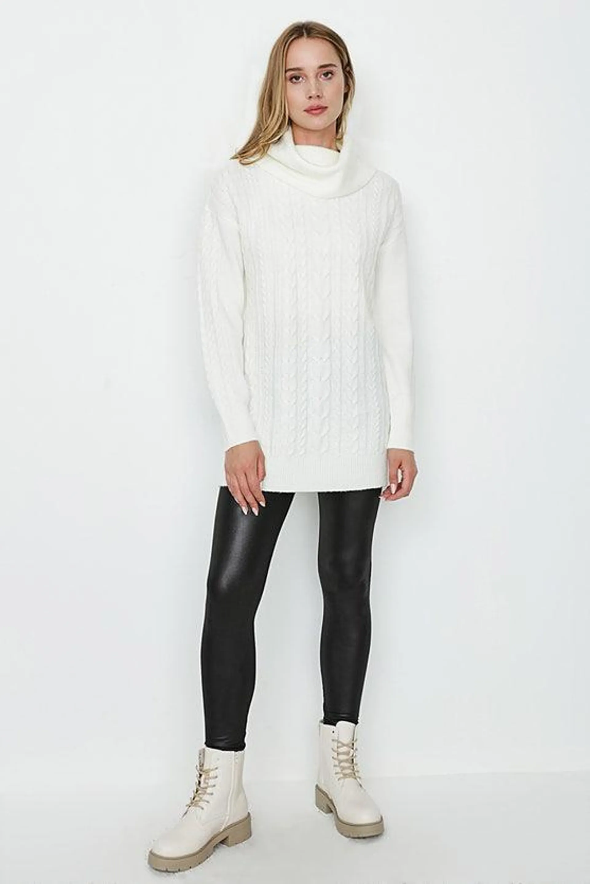 Winter White Brushed Slouchy Neck Cable Tunic