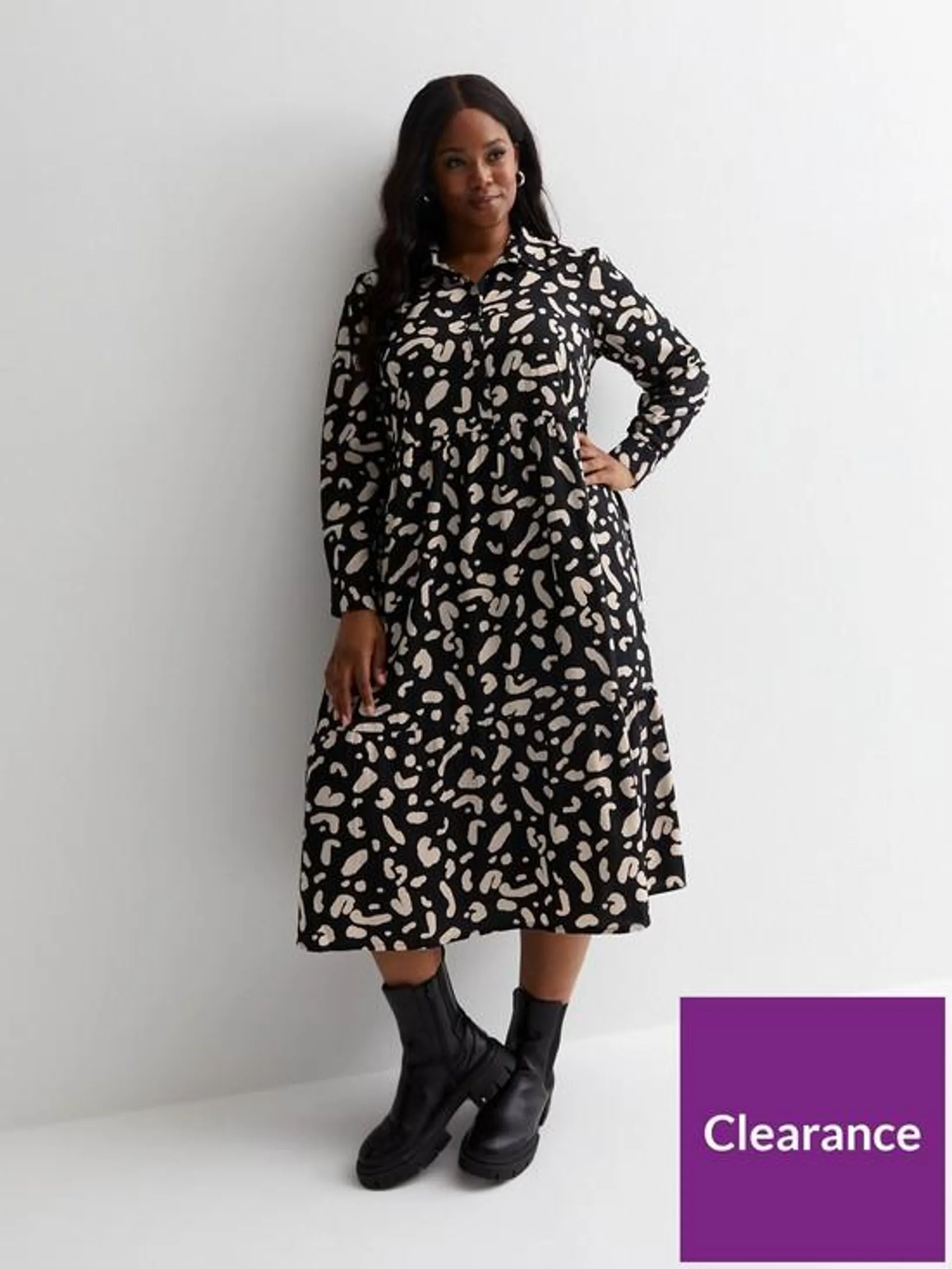 Curves Black Abstract Print Midi Shirt Dress