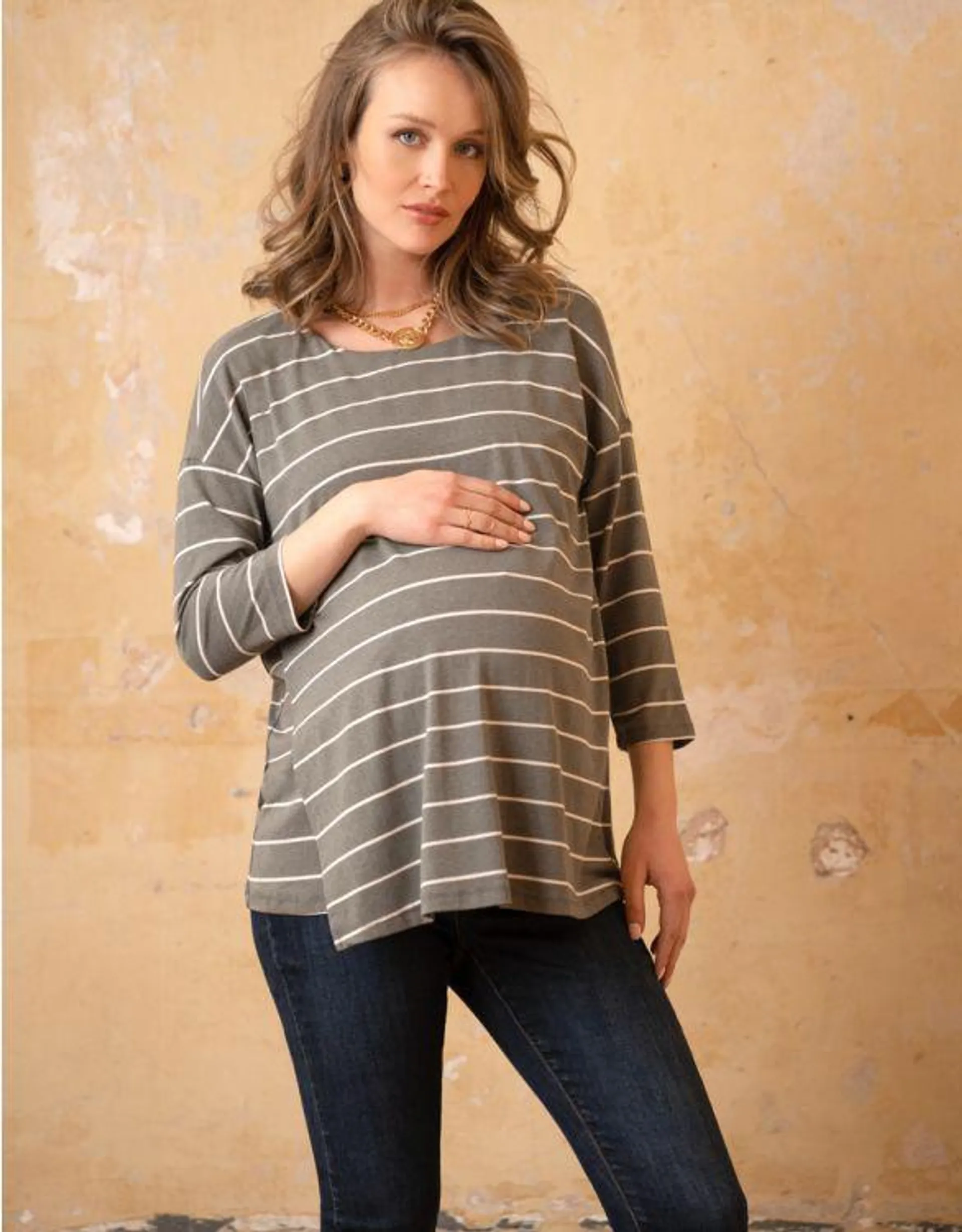 Khaki Stripe Maternity & Nursing Top