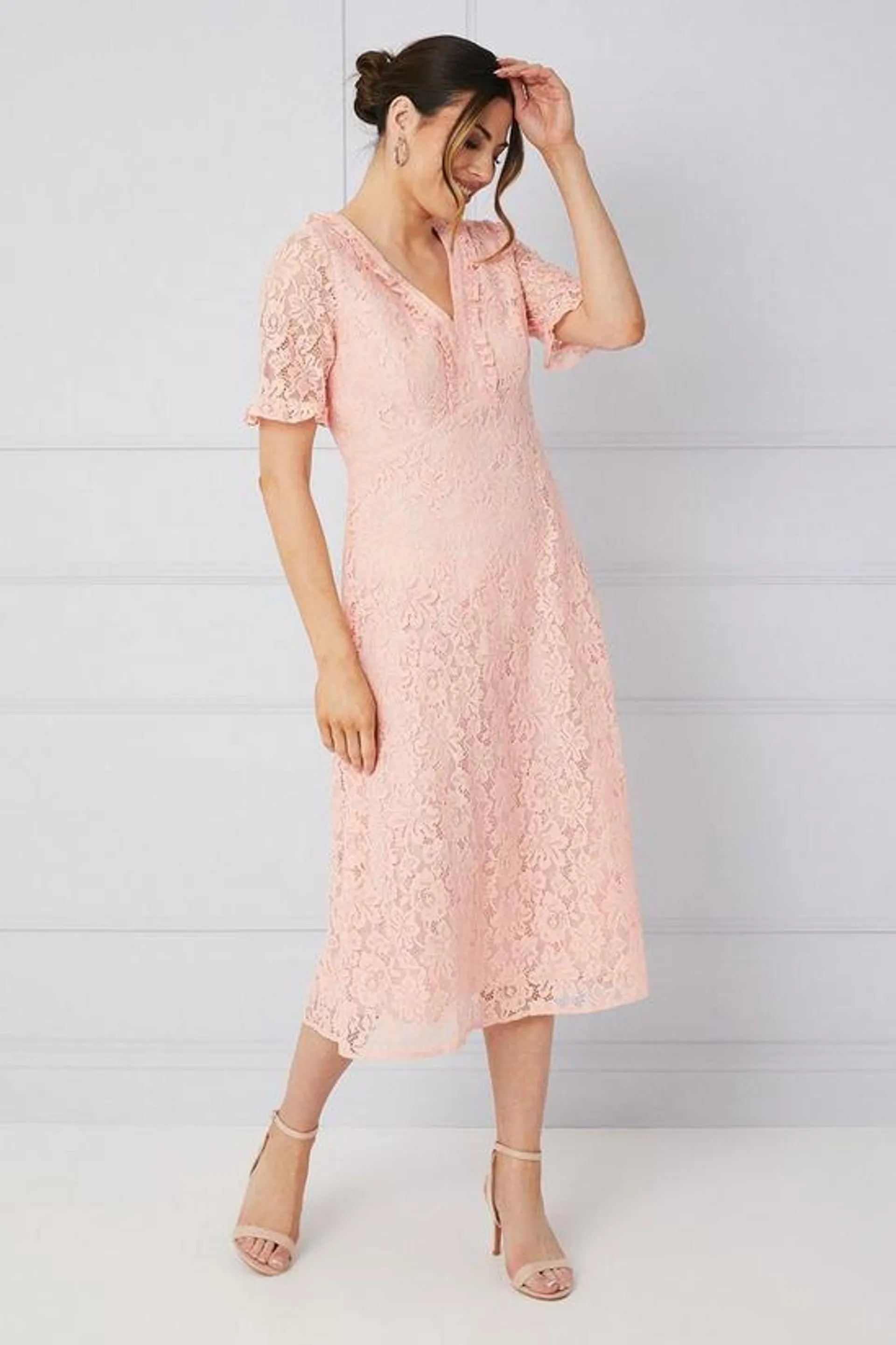 Lace Ruffle Front Midi Dress