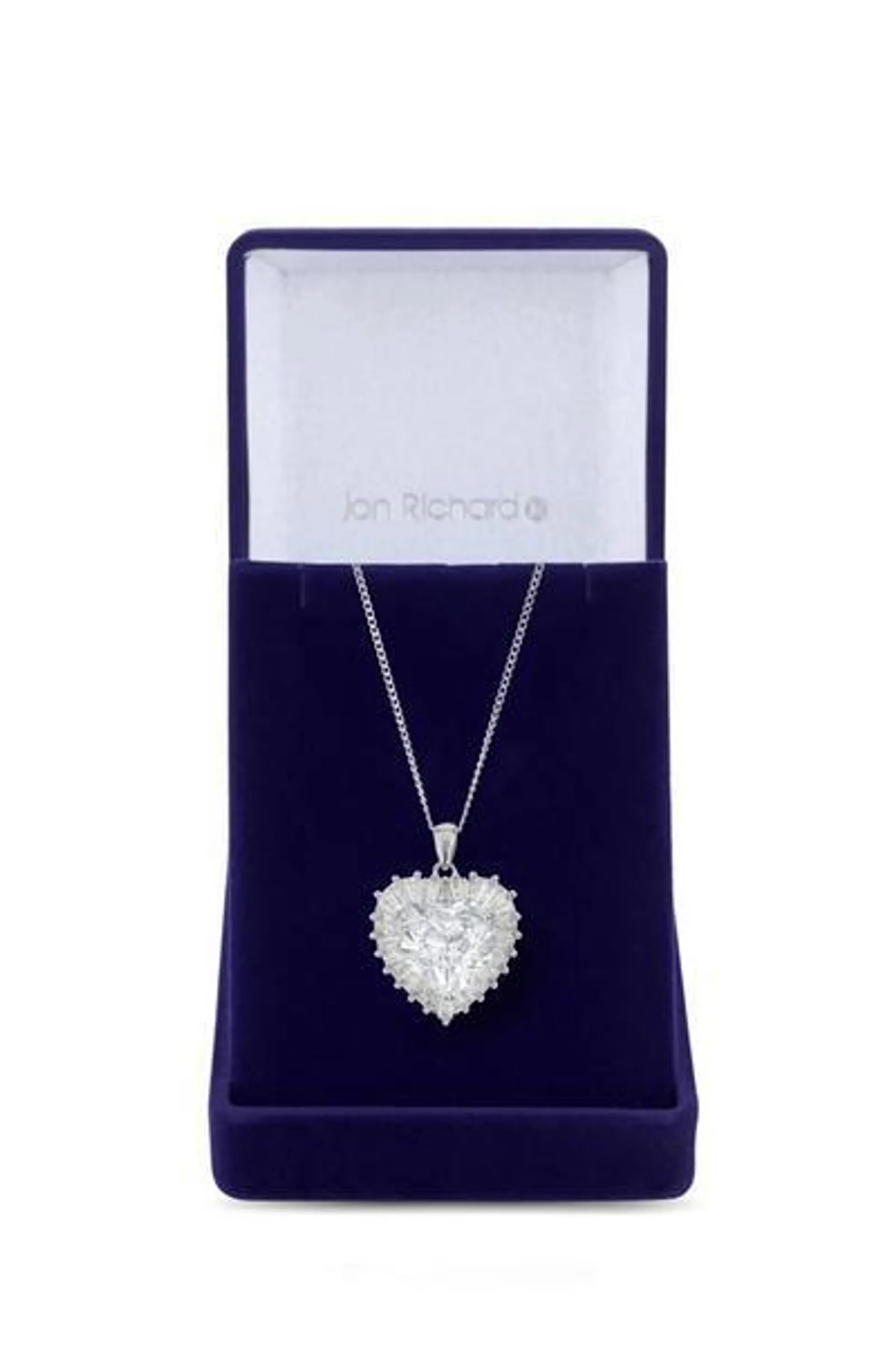 Silver Plated Cubic Zirconia Crystal Baguette Heart Pendant Necklace - Gift Boxed