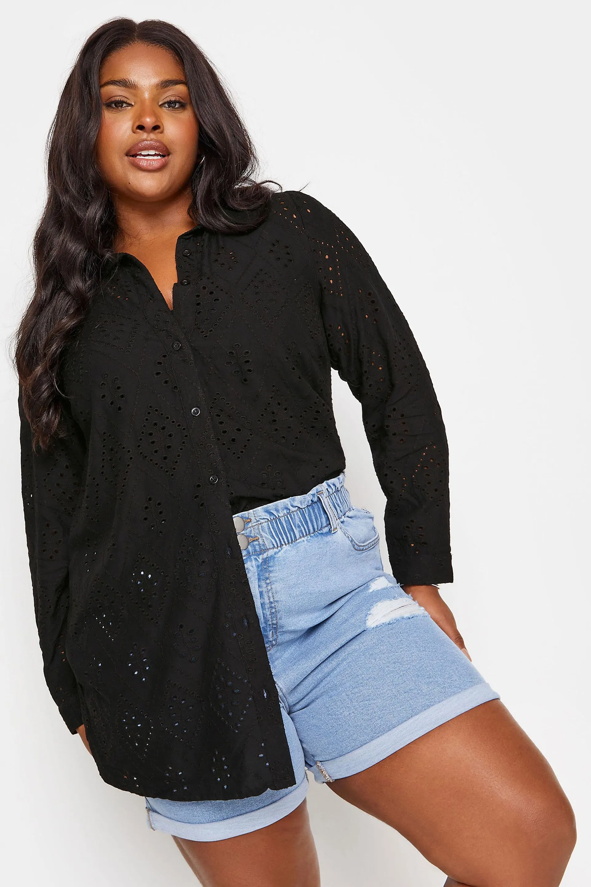 YOURS Curve Black Broderie Anglaise Shirt