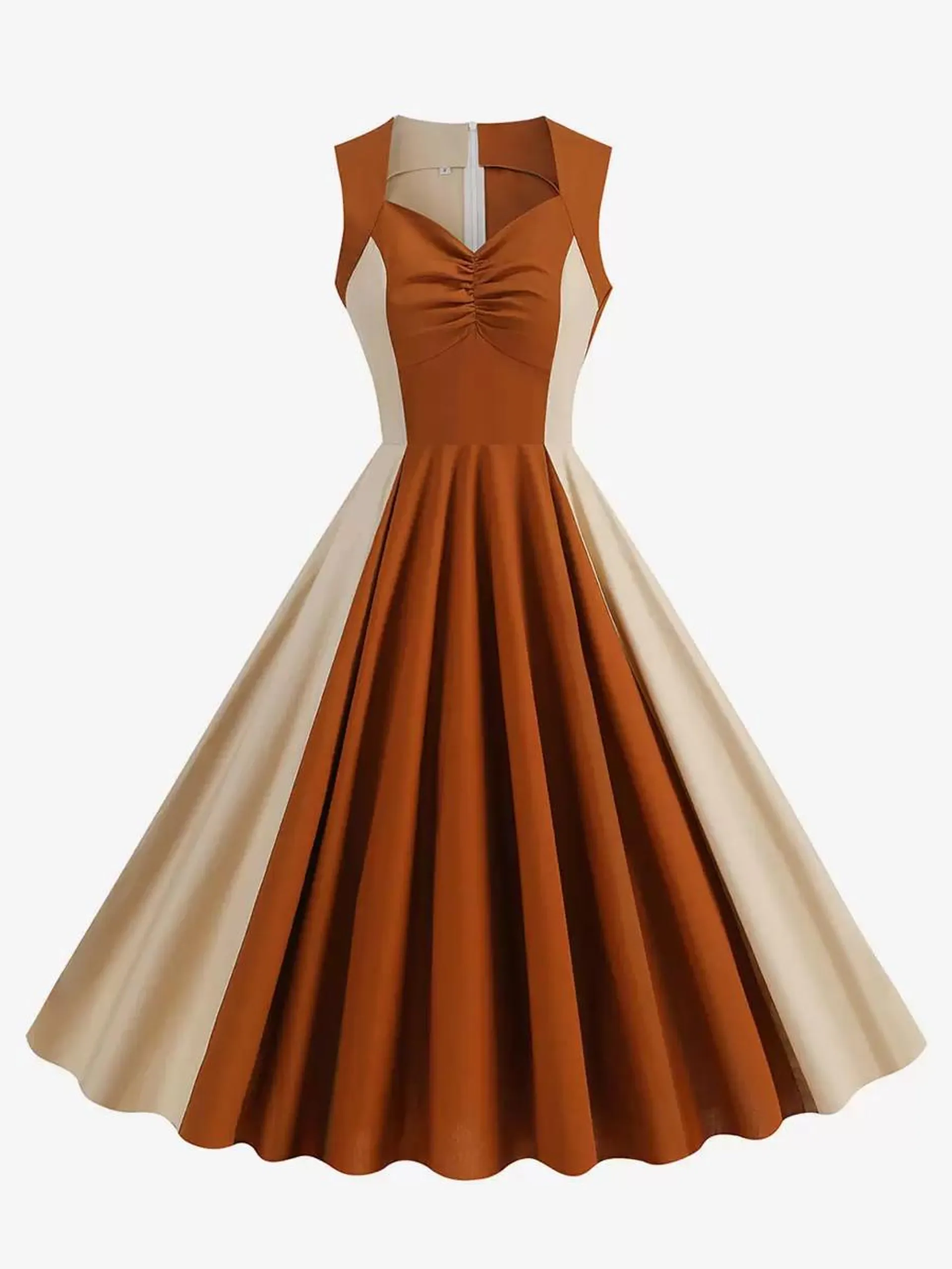 Elegant Dress Two-Tone Sleeveless Designed Neckline Retro Dress