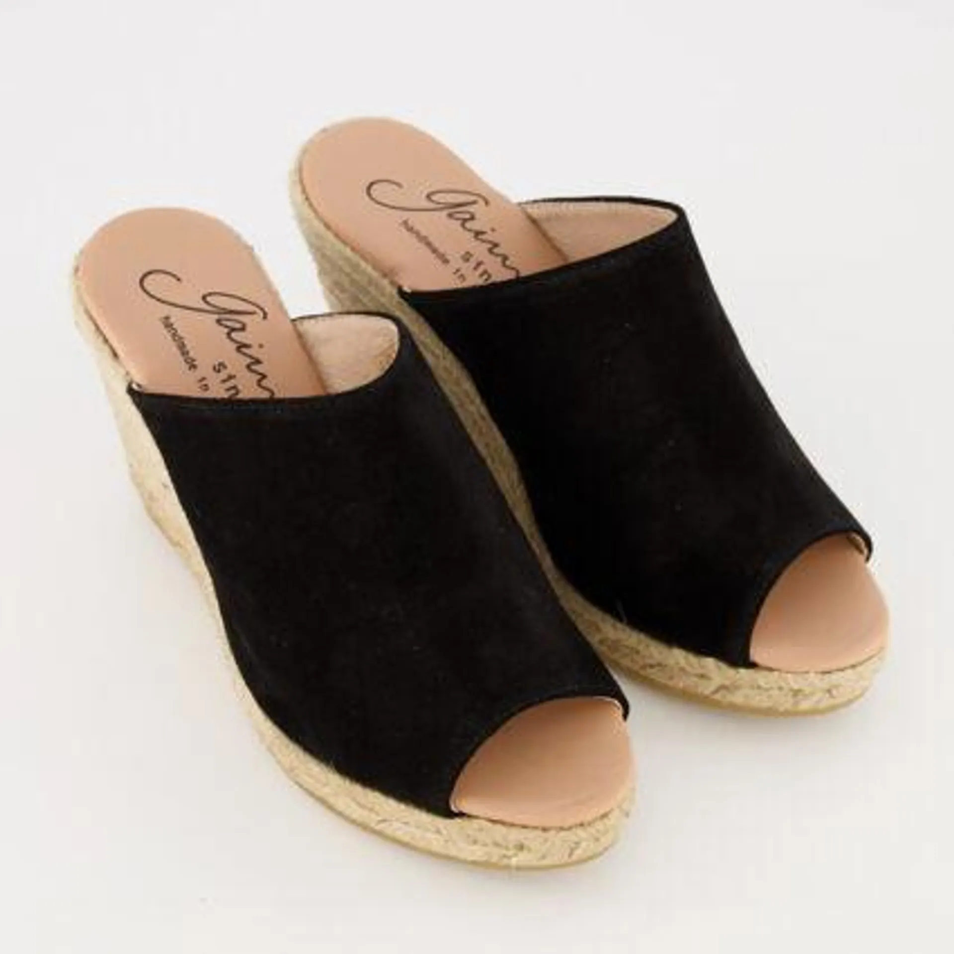 Black Leather Wedge Sole Espadrille Sandals