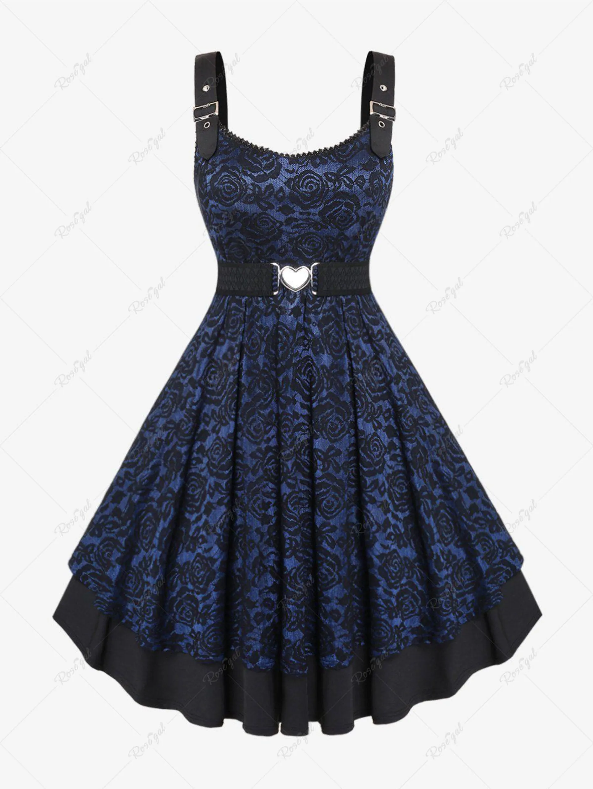 Plus Size Vintage Floral Lace Jacquard Buckled Straps Fit and Flare Belted Dress - 5x | Us 30-32