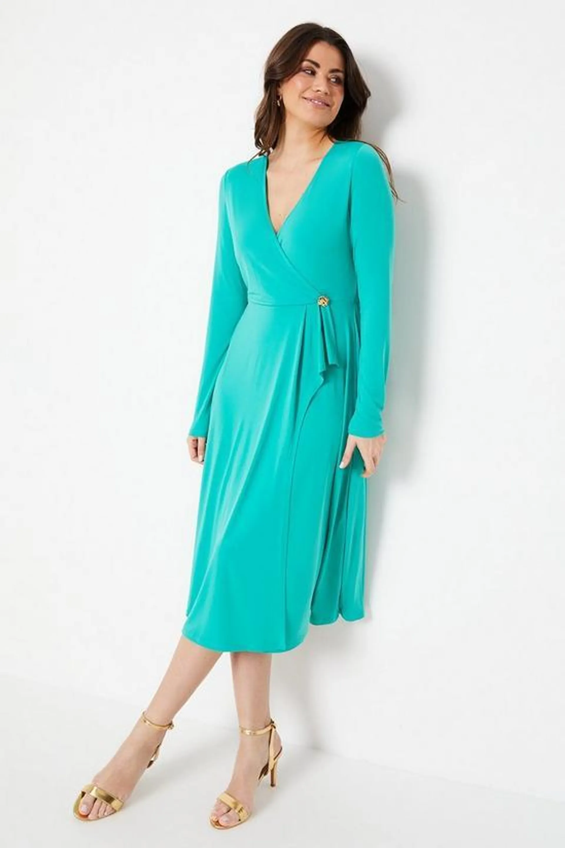 Jersey Trim Detail Ruffle Wrap Midi Dress