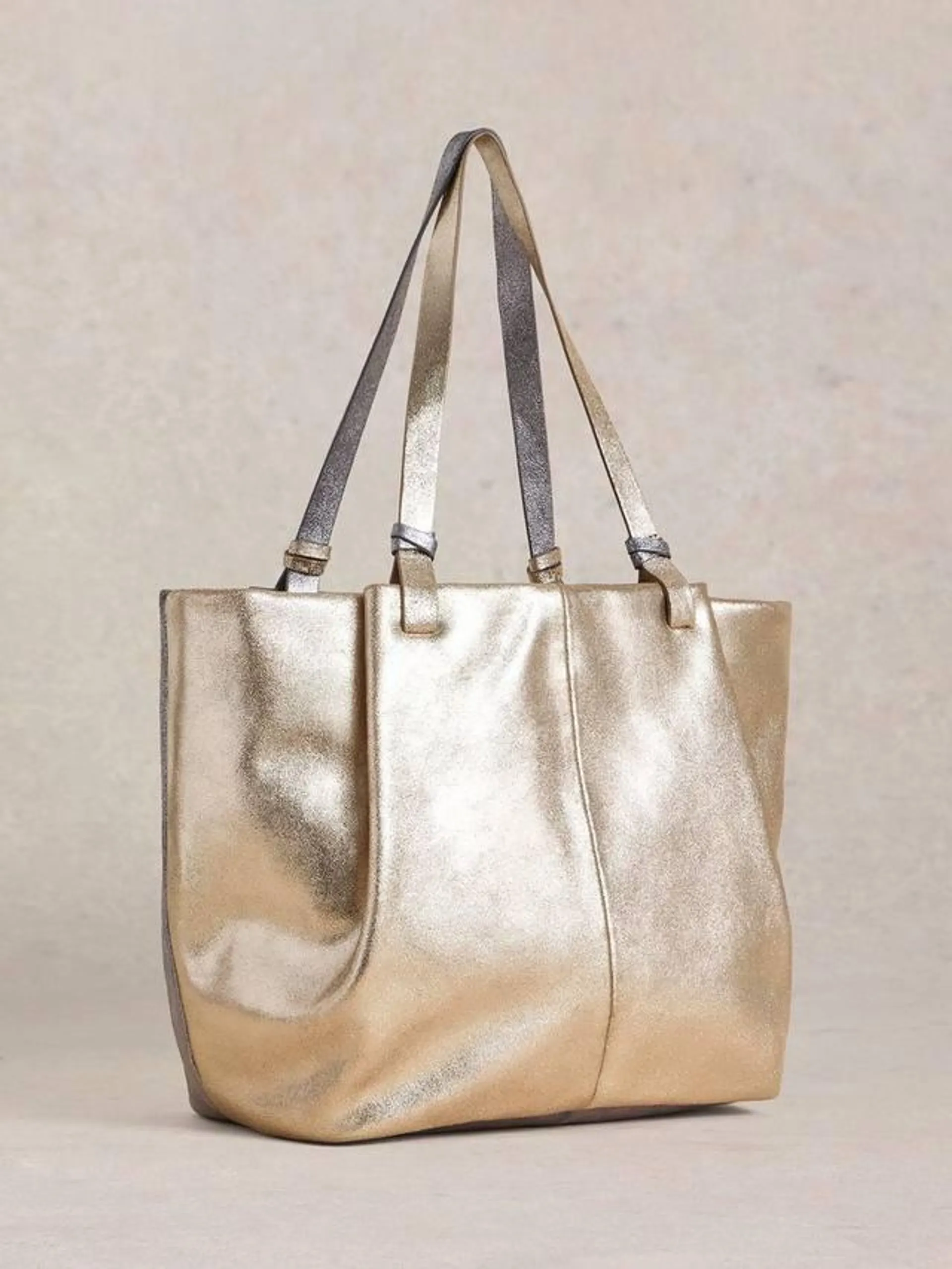 Tessy Leather Tote Bag, Silver/Gold