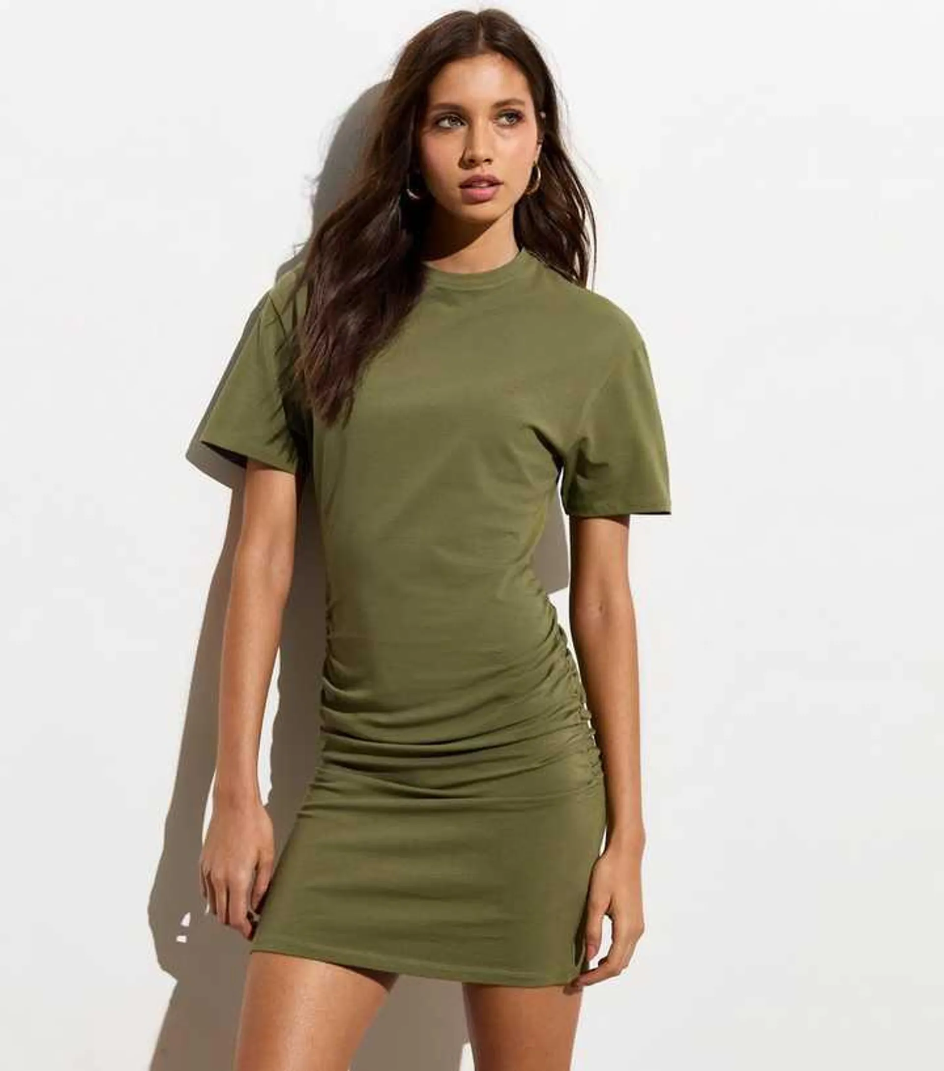 Khaki Short Sleeve Ruched Side Mini Dress