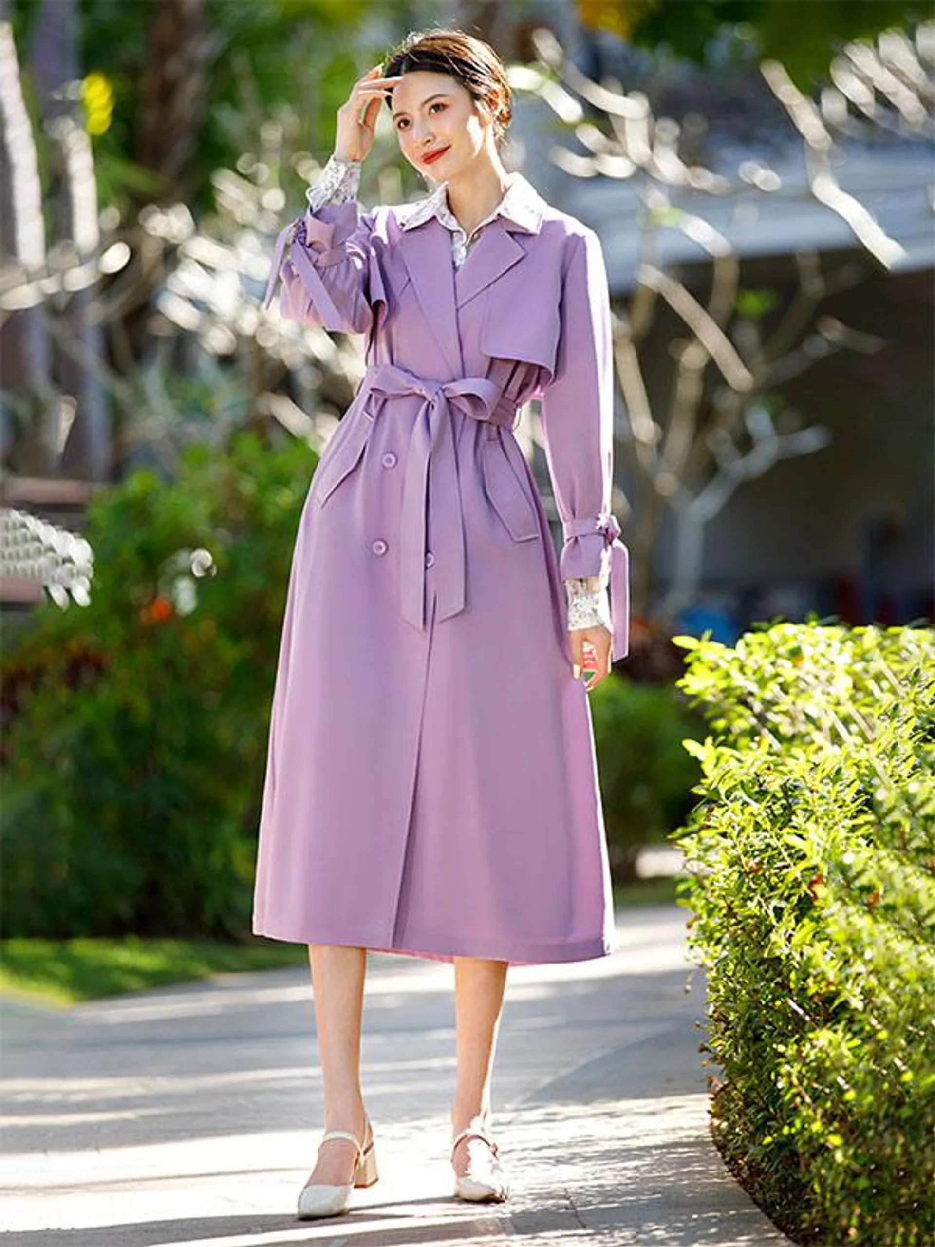 Trench Coat For Woman Fashion Buttons Turndown Collar Long Sleeves Layered Front Button Outerwear