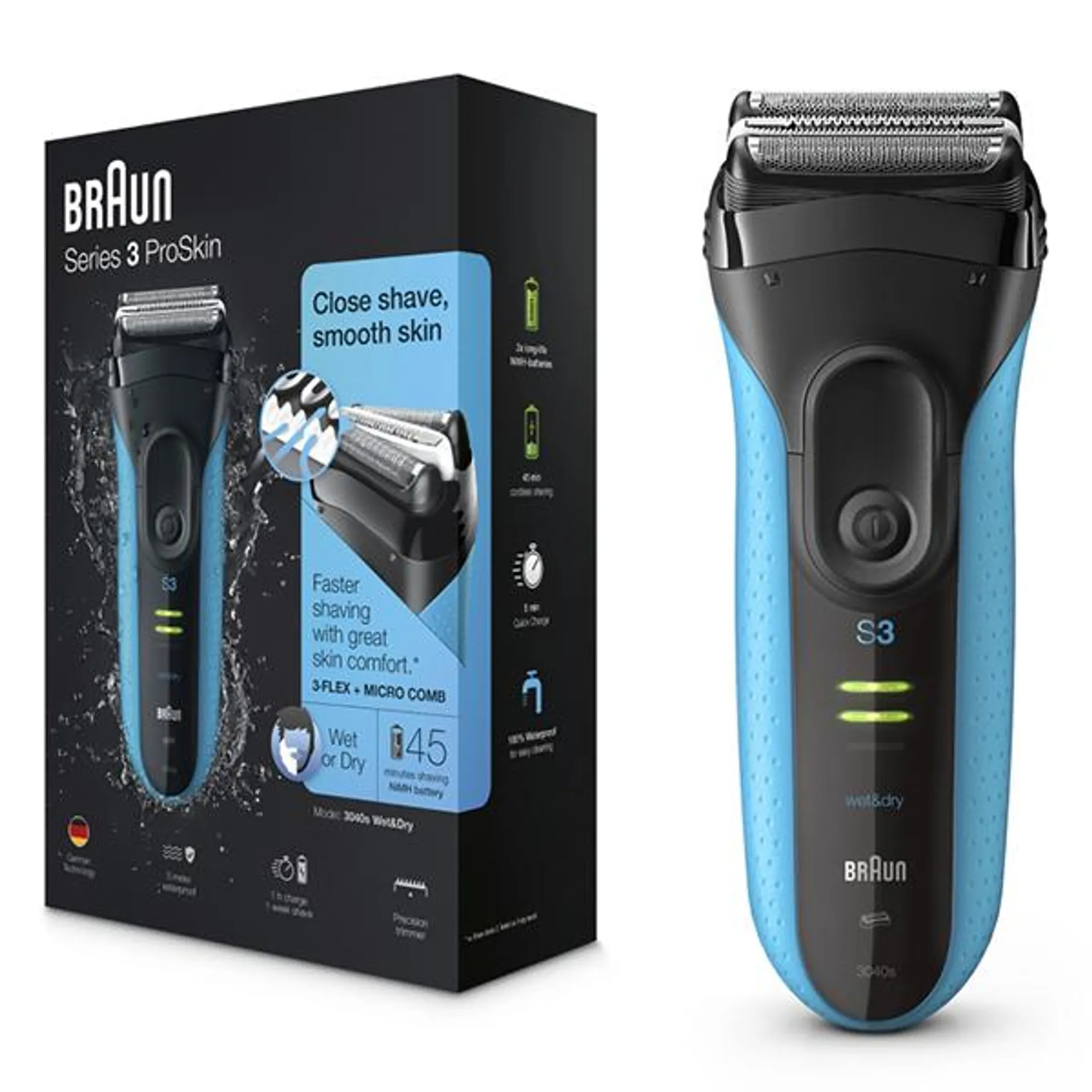 Braun Series 3 ProSkin 3040s Wet and Dry Electric Shaver - Black/Blue