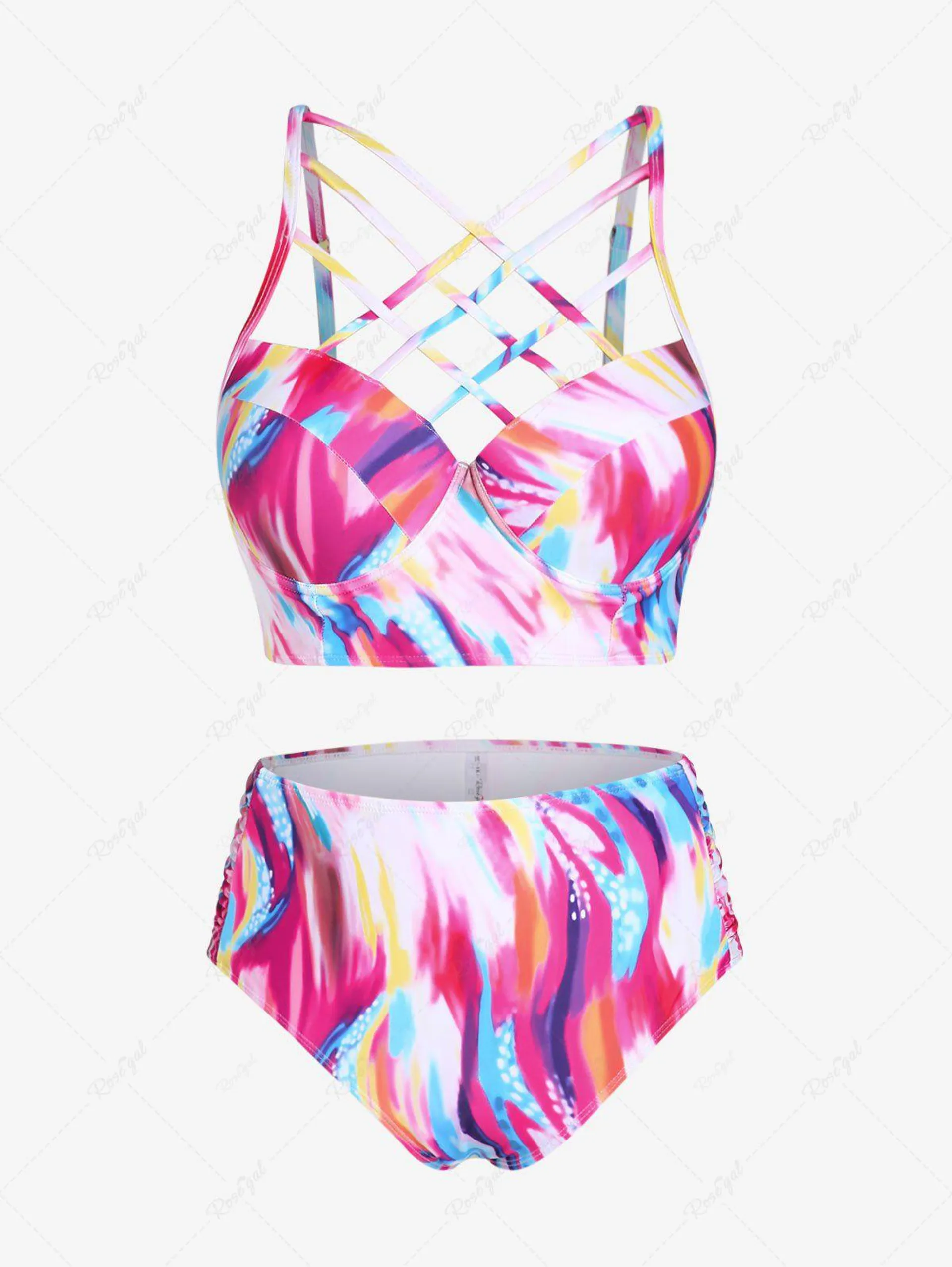 Plus Size & Curve Underwire Crisscross Swirl Print High Waist Longline Bikini Swimsuit - 4x