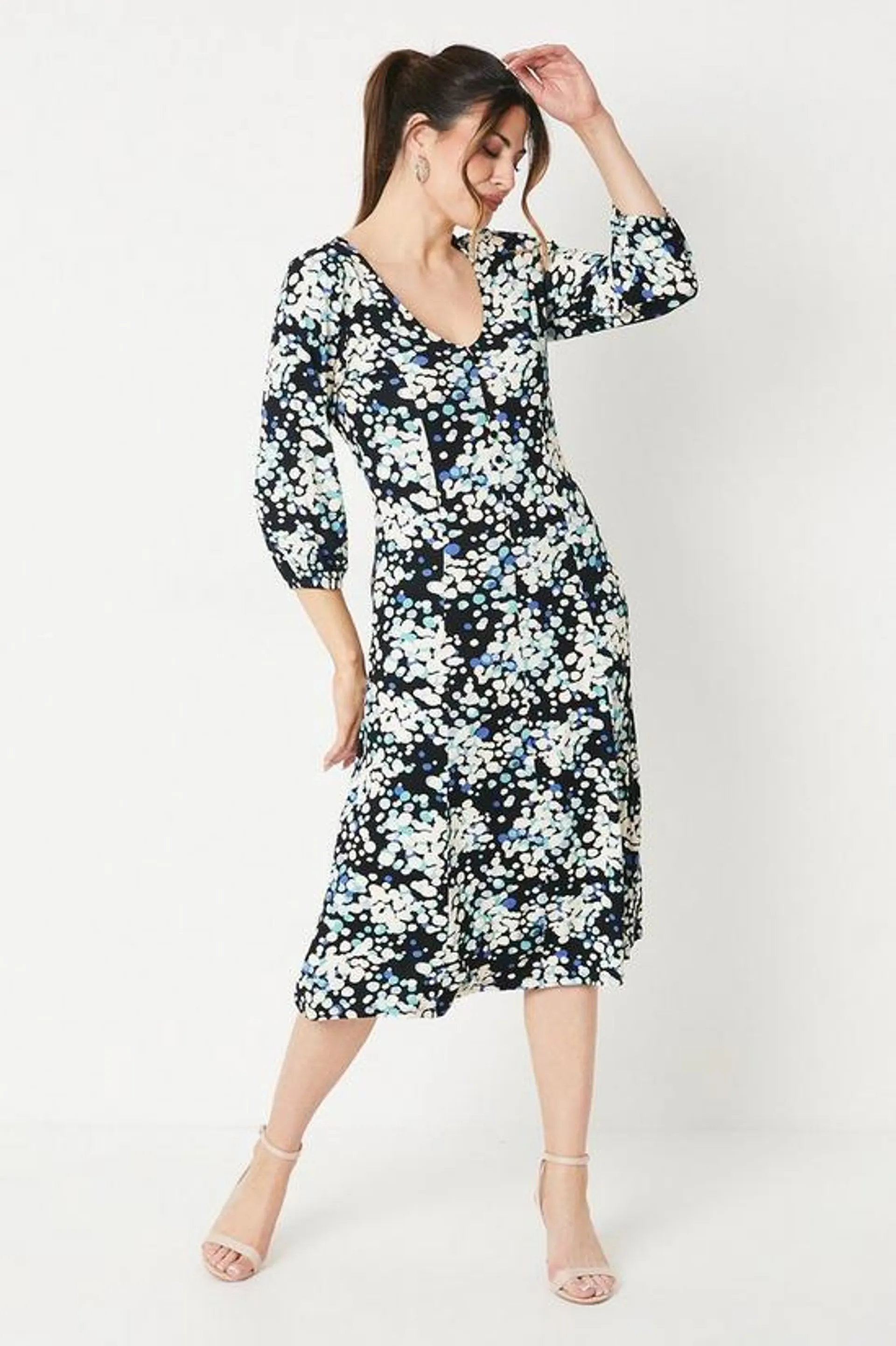 Printed Ve Long Sleeve Midi Tea Dress