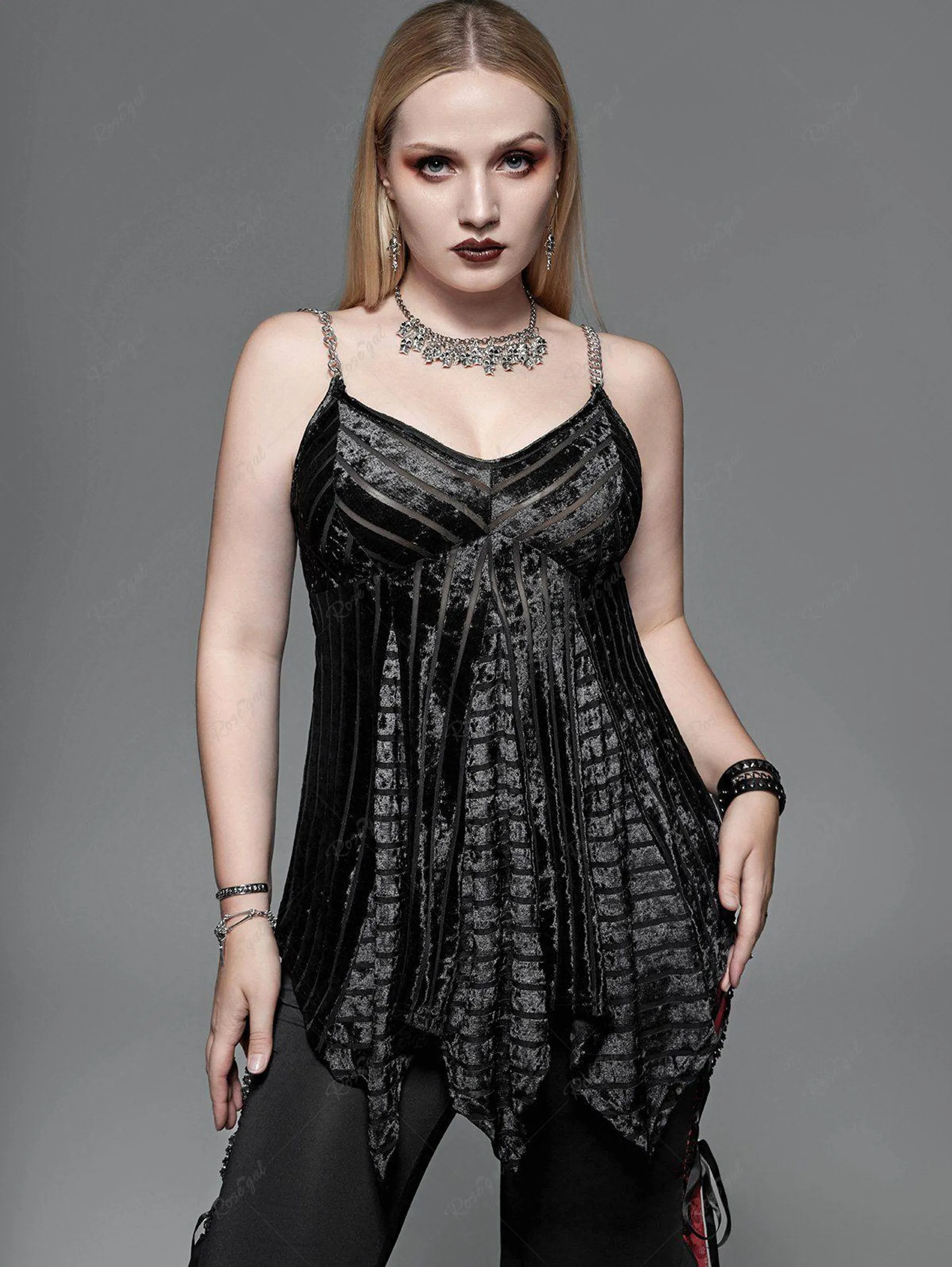 Gothic Velour Striped Chain Straps Asymmetrical Cami Top (Adjustable Shoulder Straps) - L | Us 12