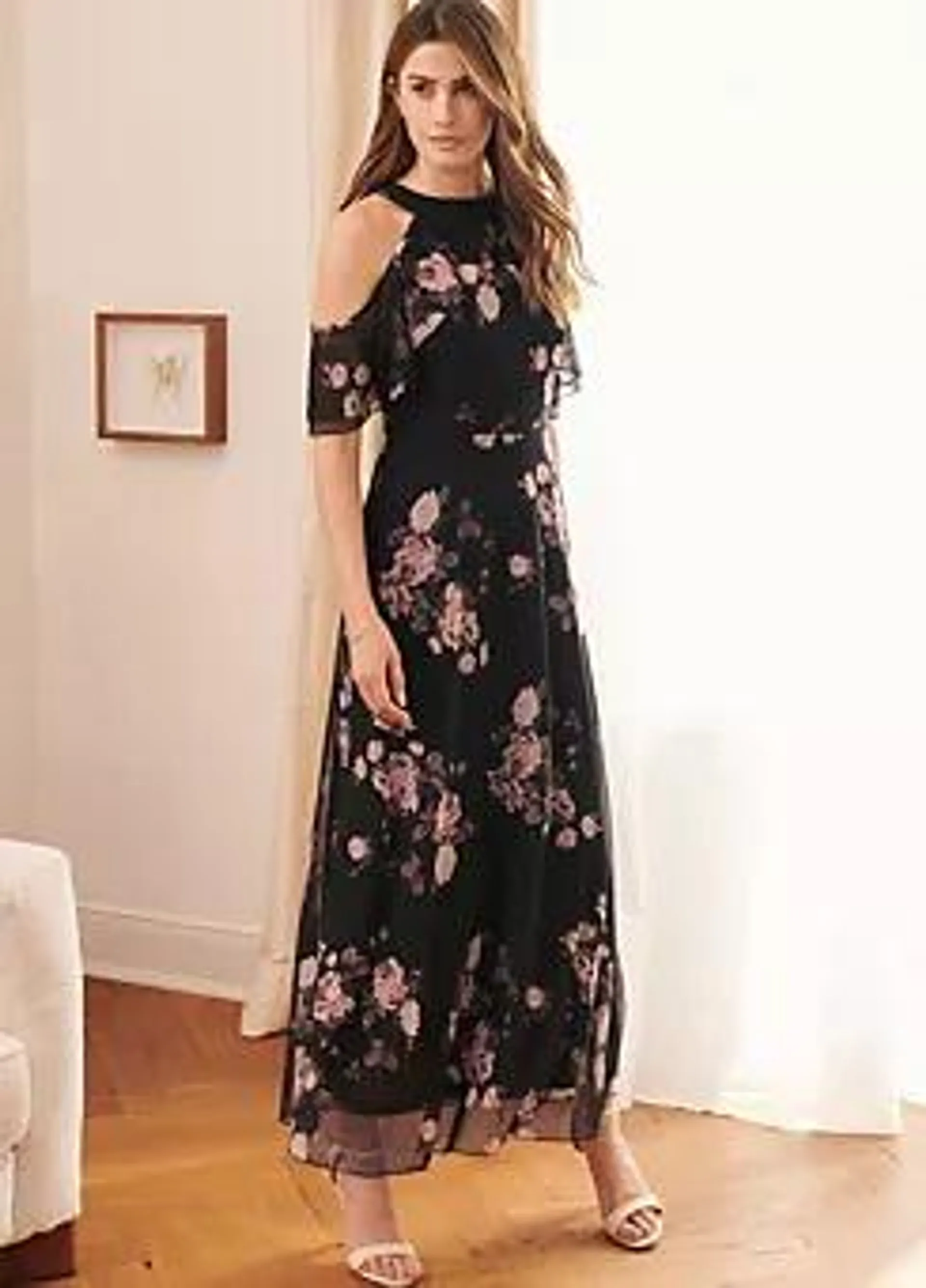 Cold Shoulder Floral Print Maxi Dress