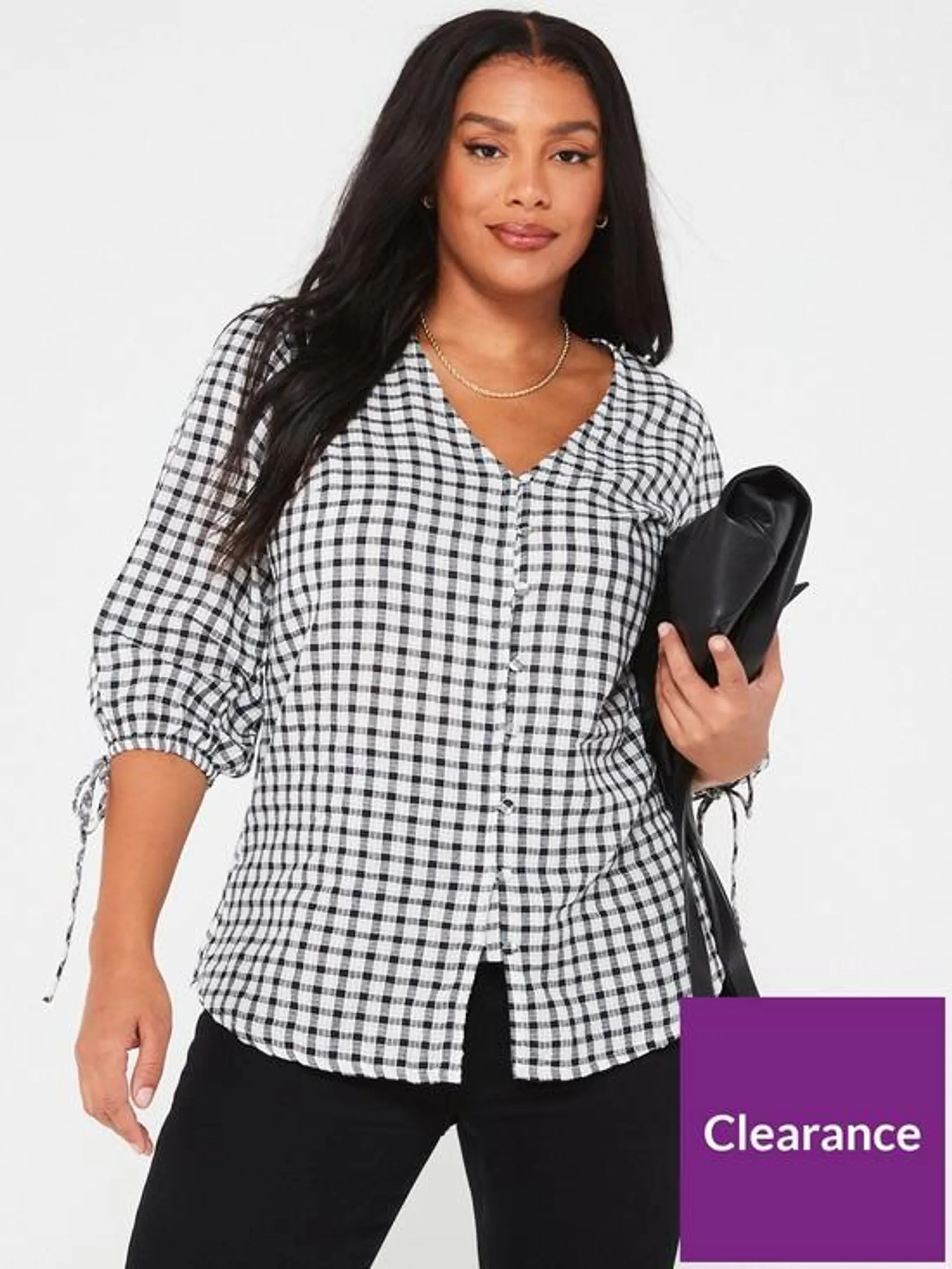 Gingham Button Through 3/4 Sleeve Woven Top