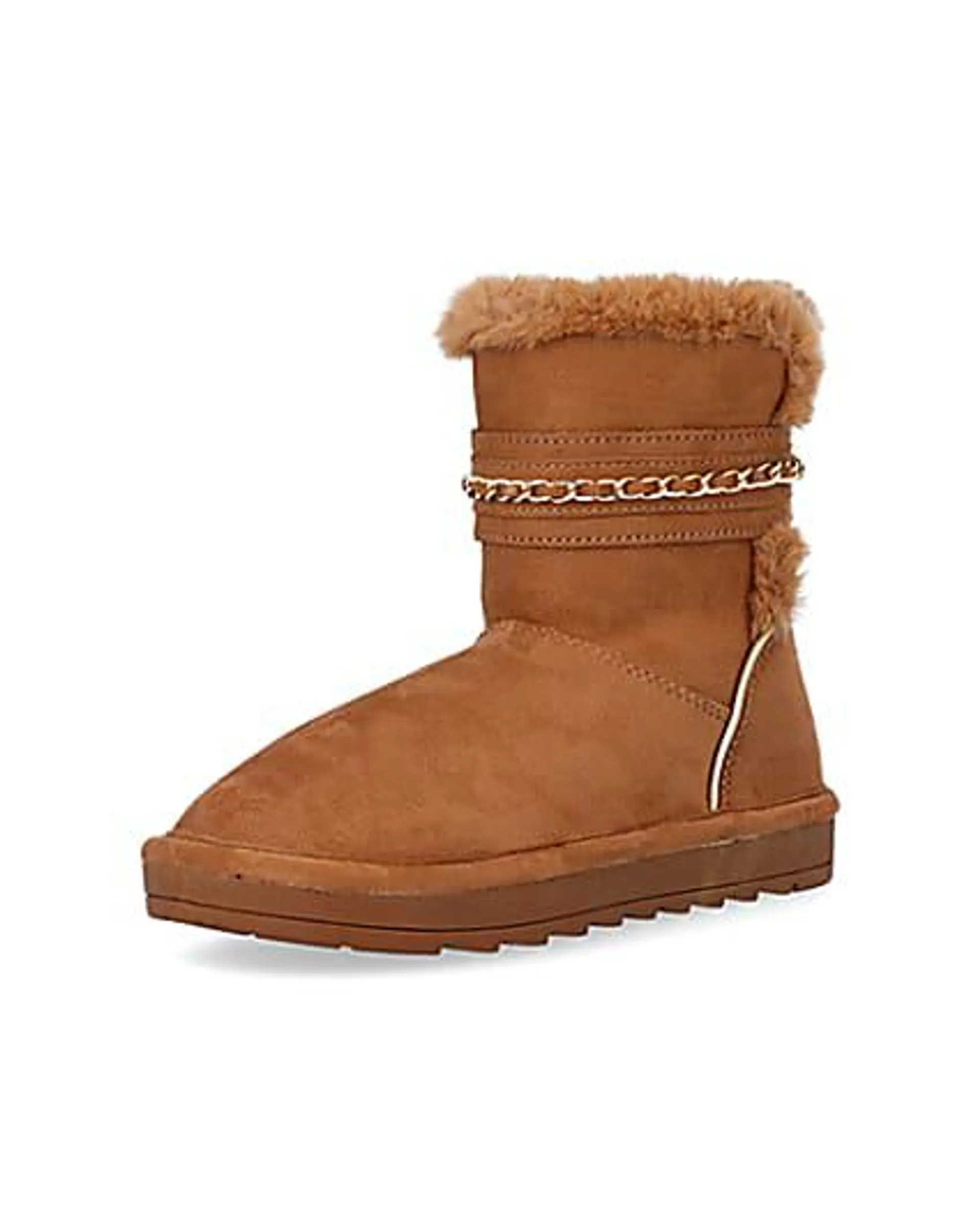 Girls Brown Faux Fur Chain Strap Boots