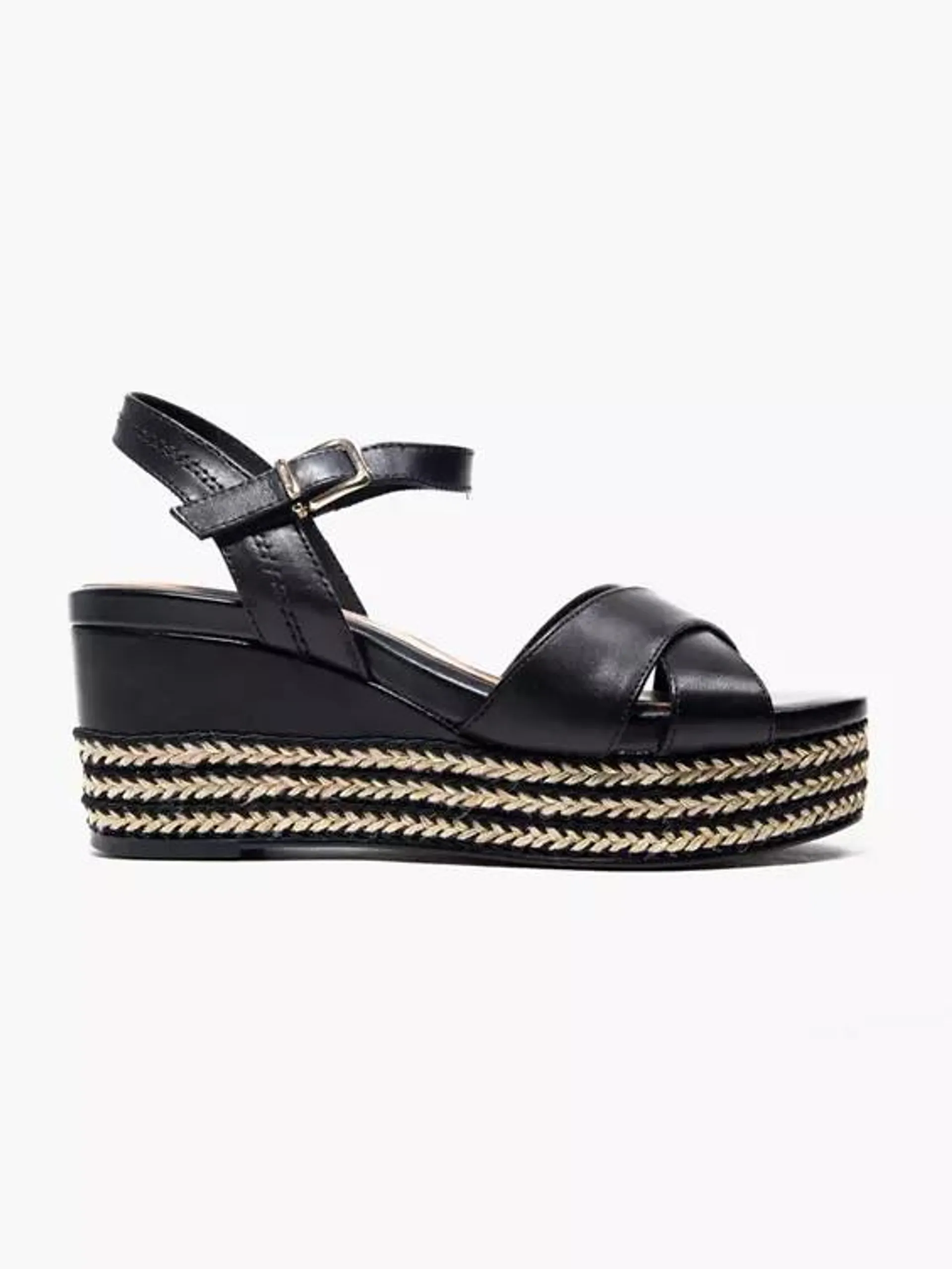 Black Leather Cross Strapped Wedge Sandal