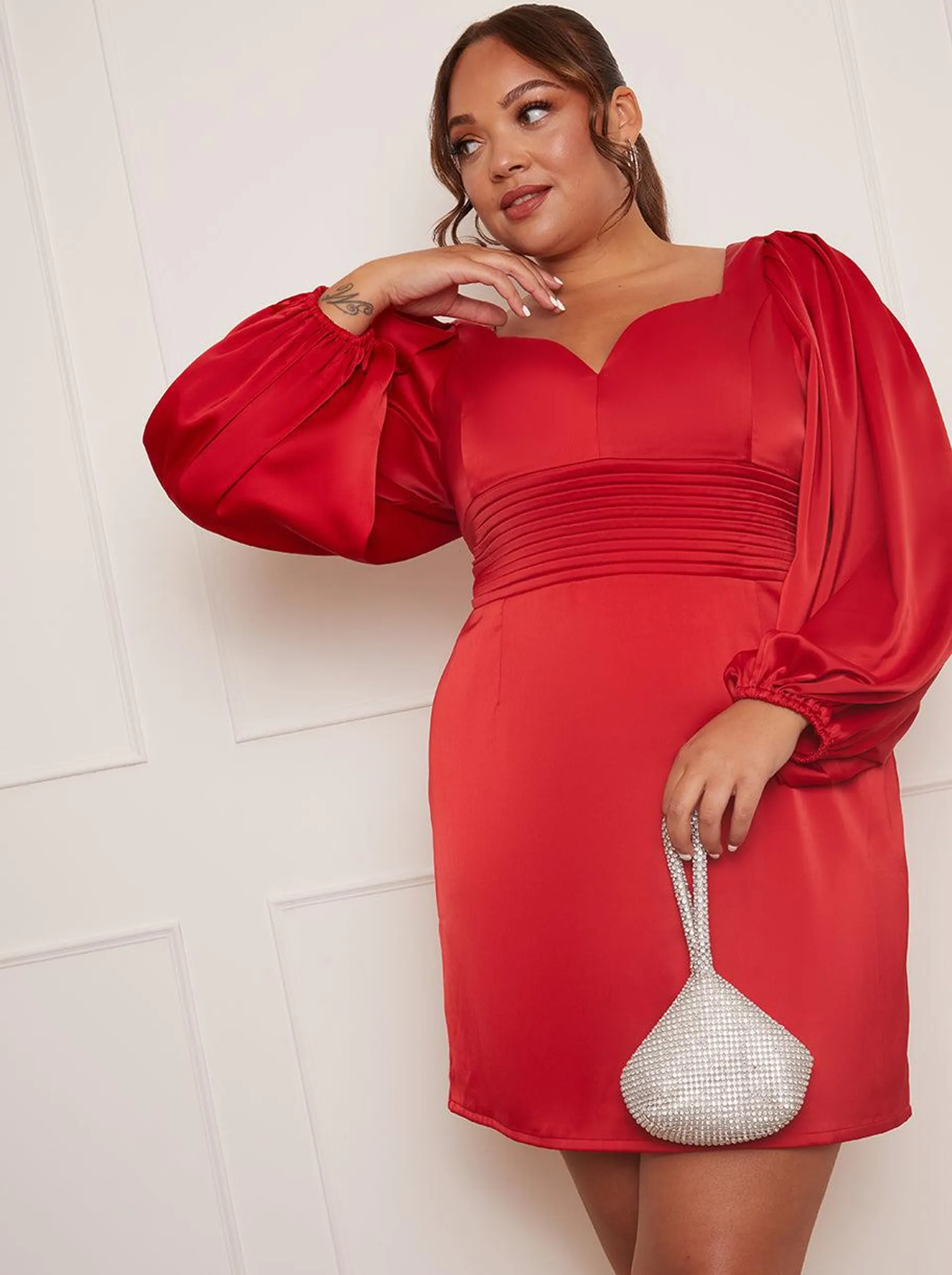 Plus Size Balloon Sleeve Plunge Bodycon Dress in Red