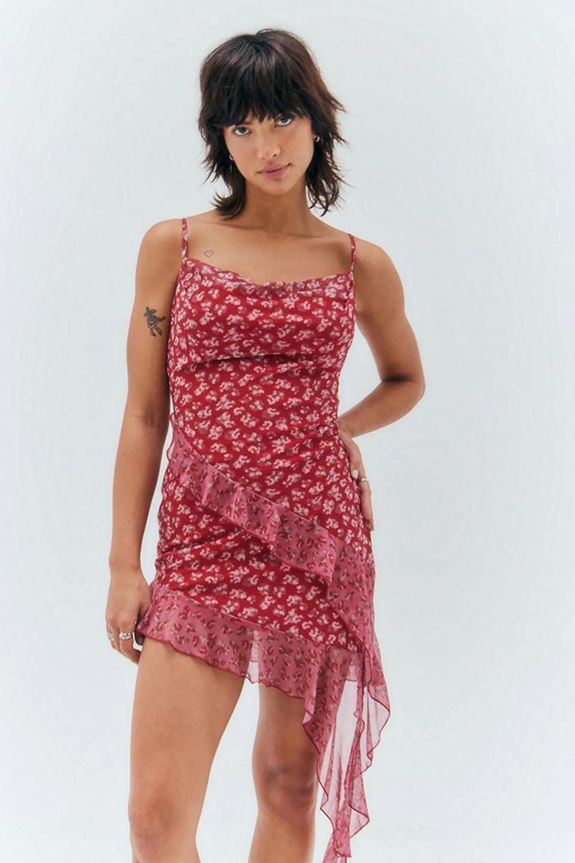 UO Zoey Red Floral Asymmetrical Mini Dress