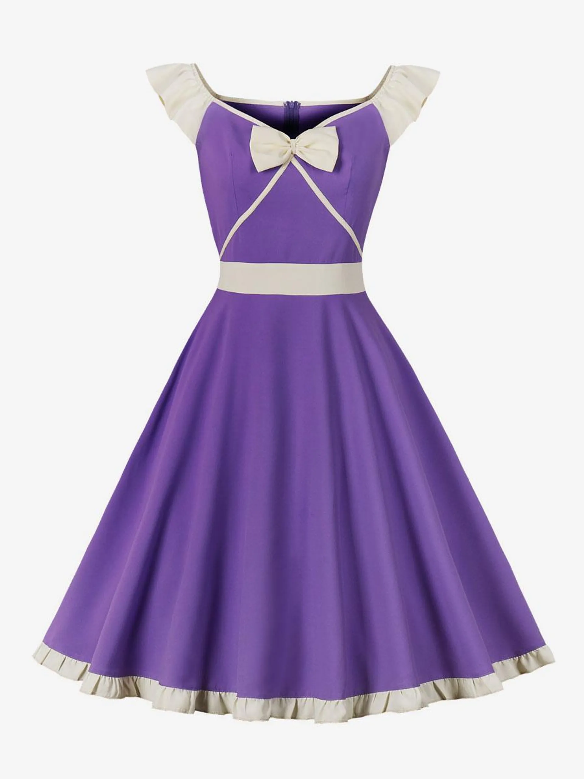 Retro Dress Purple 1950s Audrey Hepburn Style Two-Tone Sleeveless V-Neck Midi Rockabilly Dress