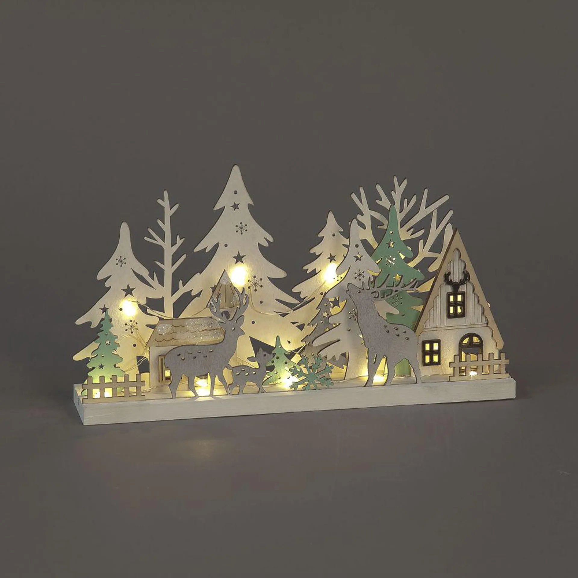Battery Operated Wooden Village Christmas scene with Deer (17cm)
