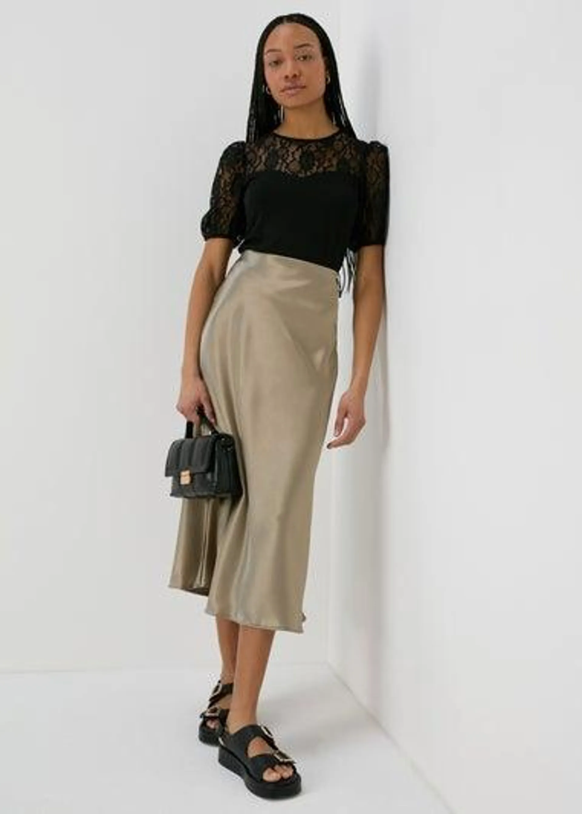 Khaki Satin Midi Skirt