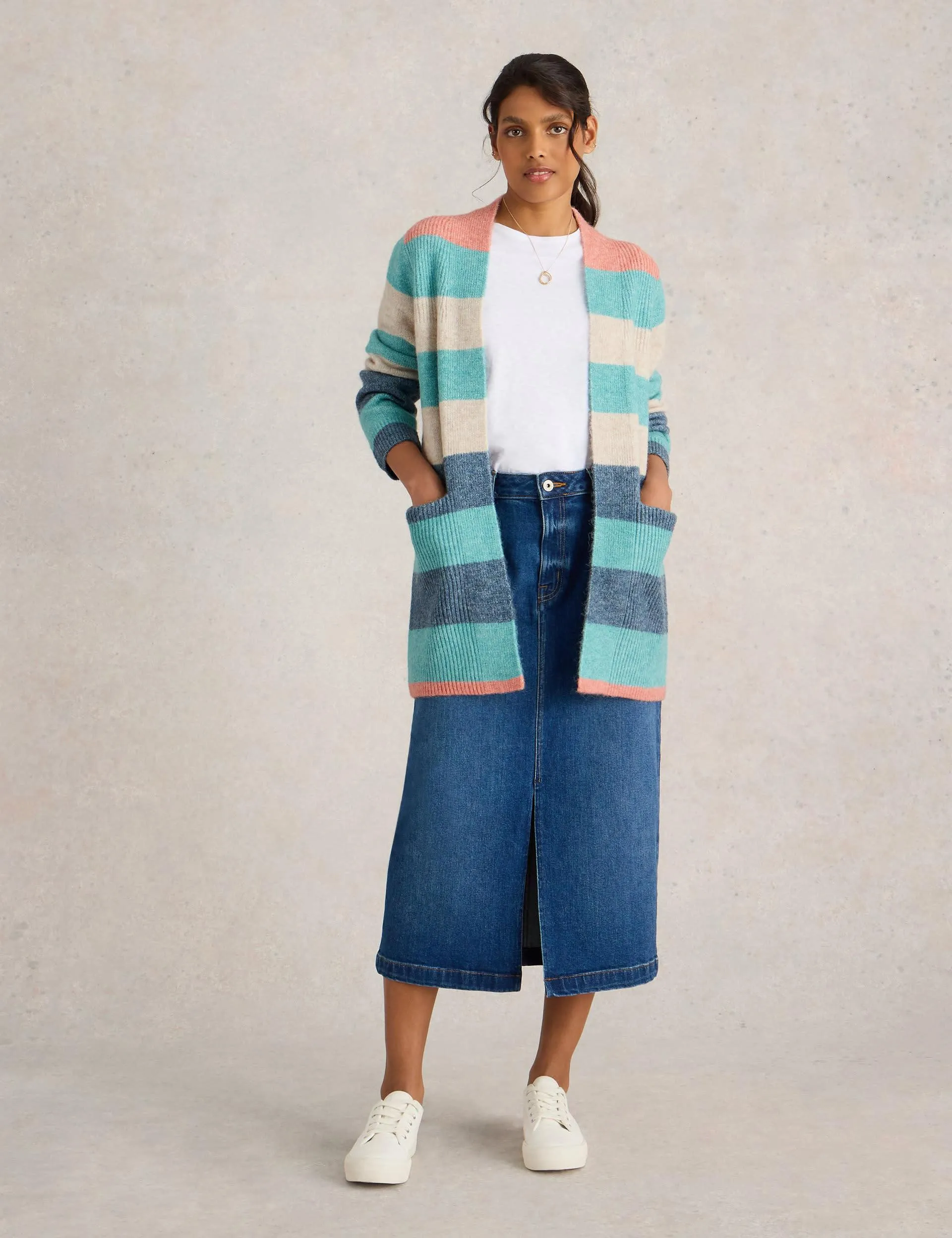 Striped Longline Cardigan With Wool