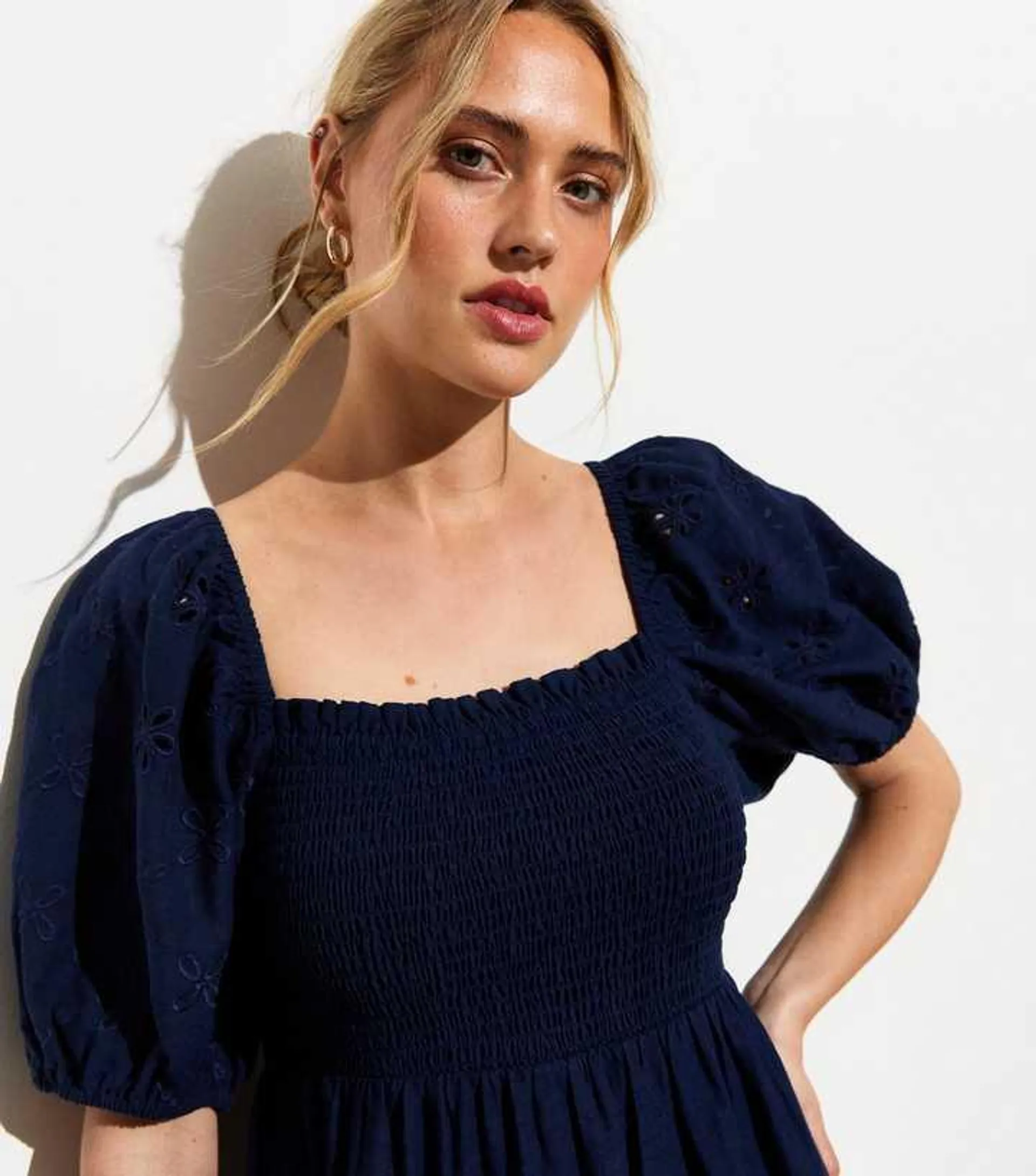 Navy Square Neck Embroidered Puffed Sleeve Midi Dress