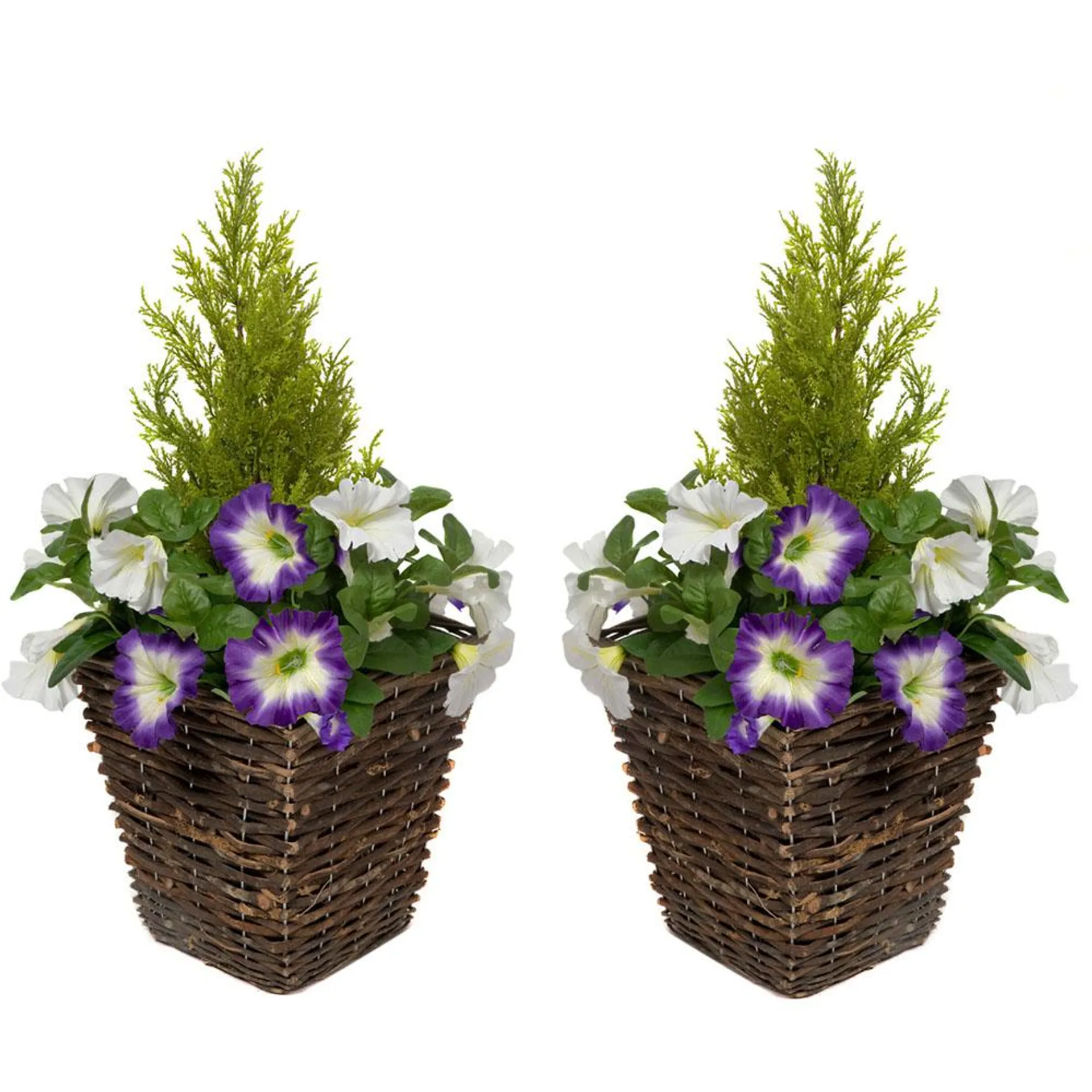 GreenBrokers Artificial Purple and White Petunias Dark Rattan Planters 60cm 2 Pack