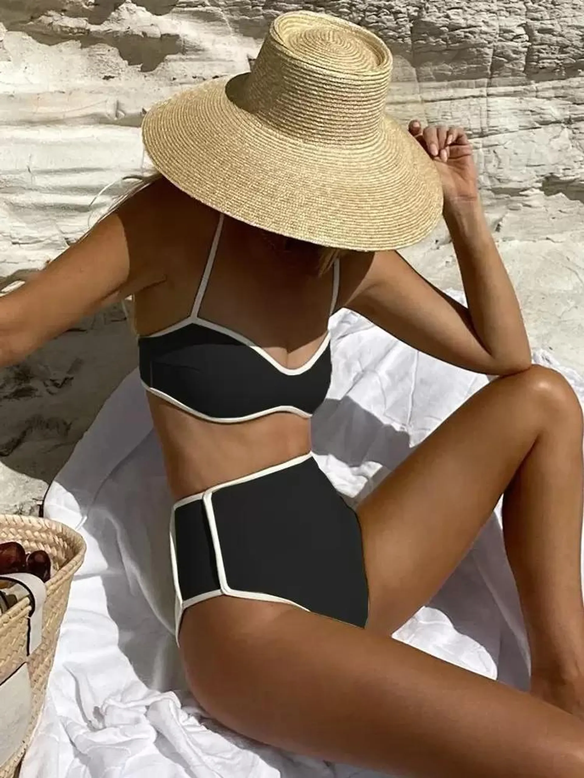 Two-Tone Bikinis Contrast Edge High Waist Wide Edge Beach 2 Pieces Set