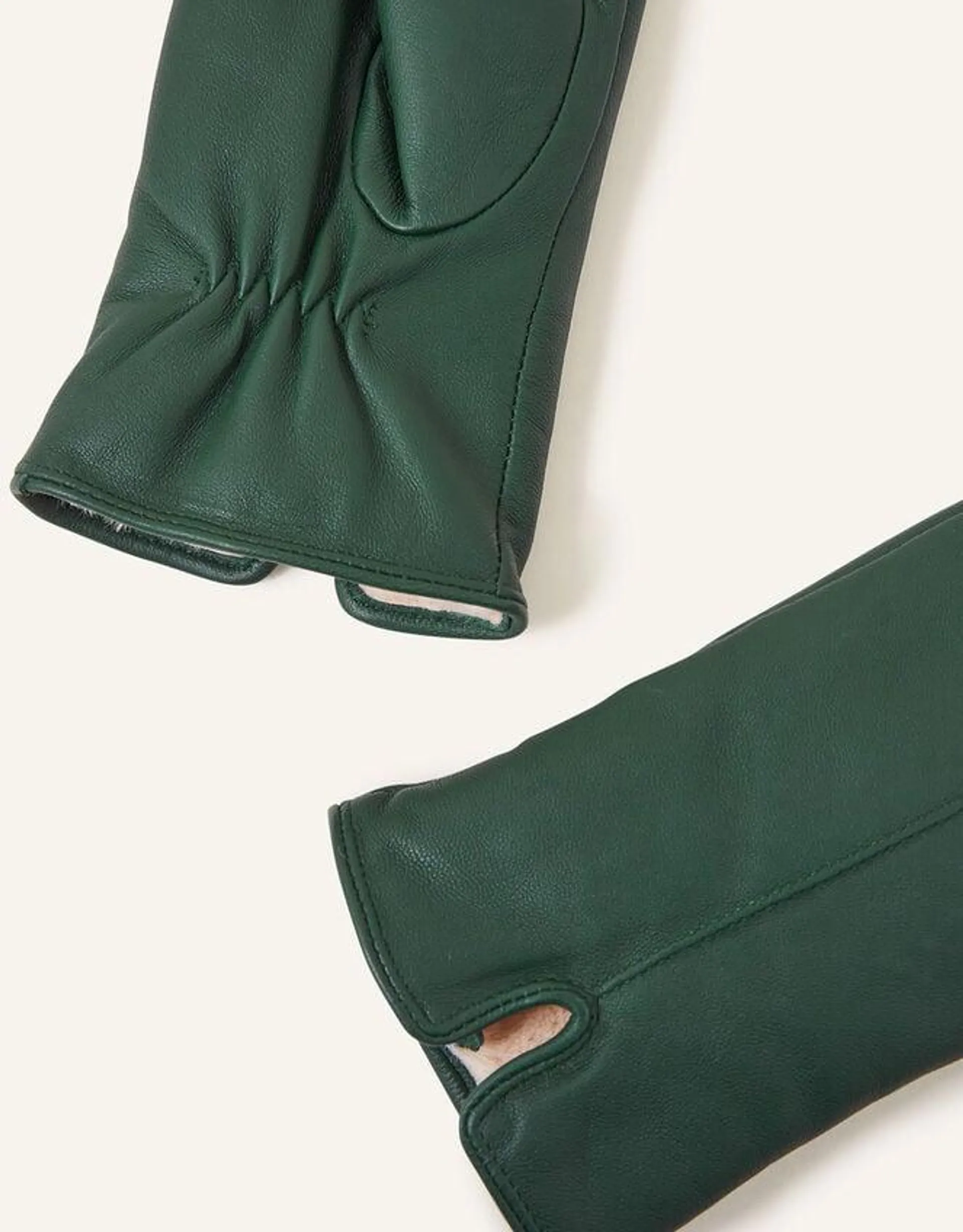 Faux Fur-Lined Leather Gloves Green