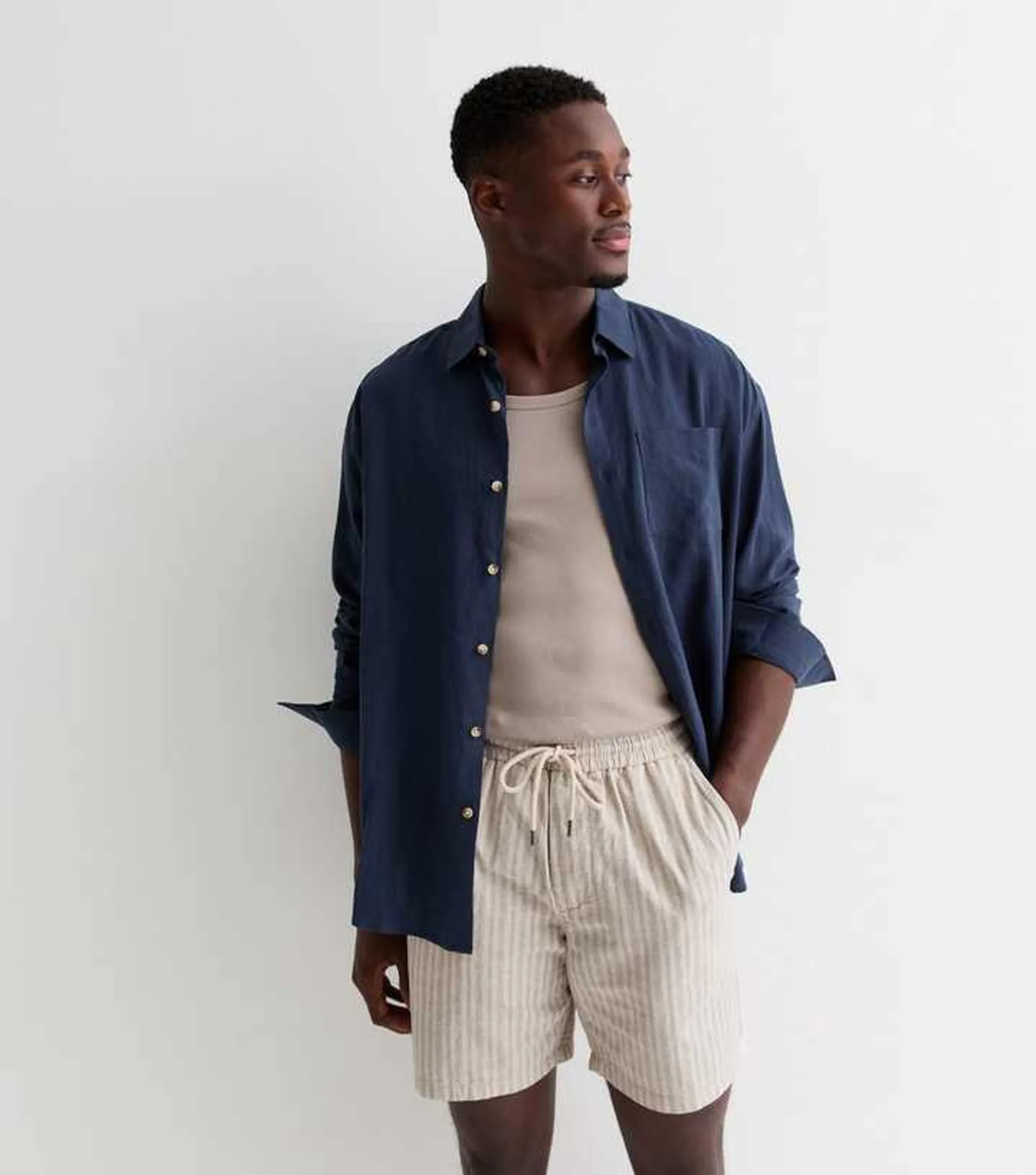 Only & Sons Pale Grey Linen-Cotton Stripe Print Drawstring Shorts