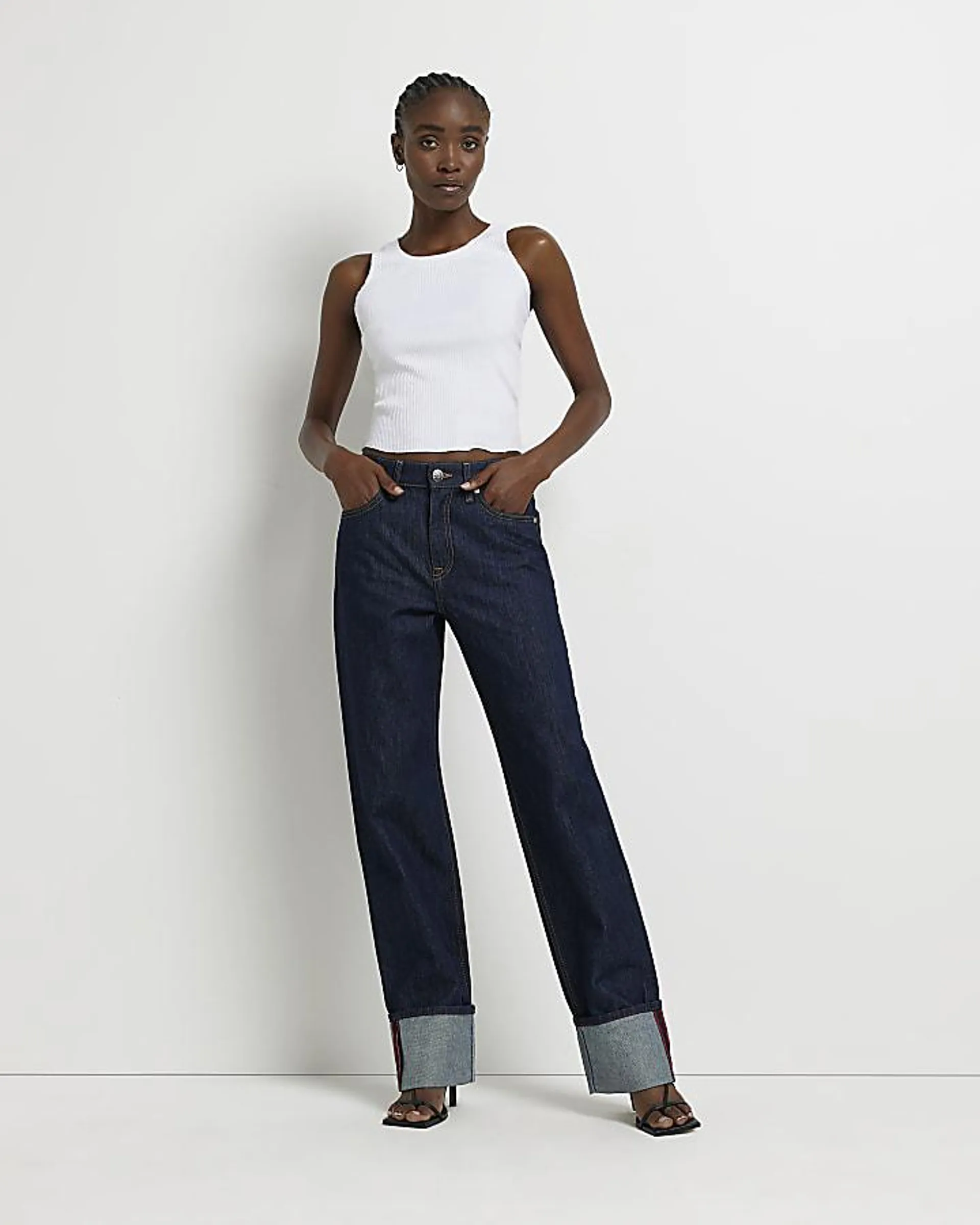 Navy denim mid rise wide leg jeans