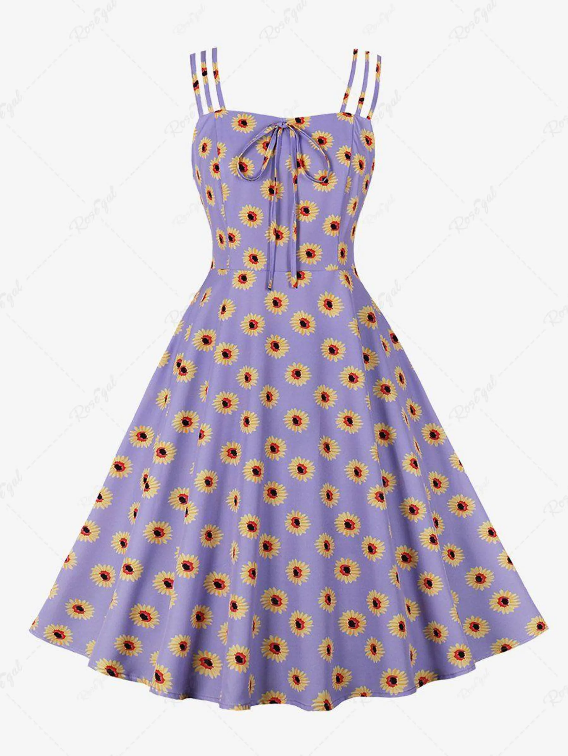 1950s Retro Plus Size Sunflower Print Tie Vintage Dress - 3xl