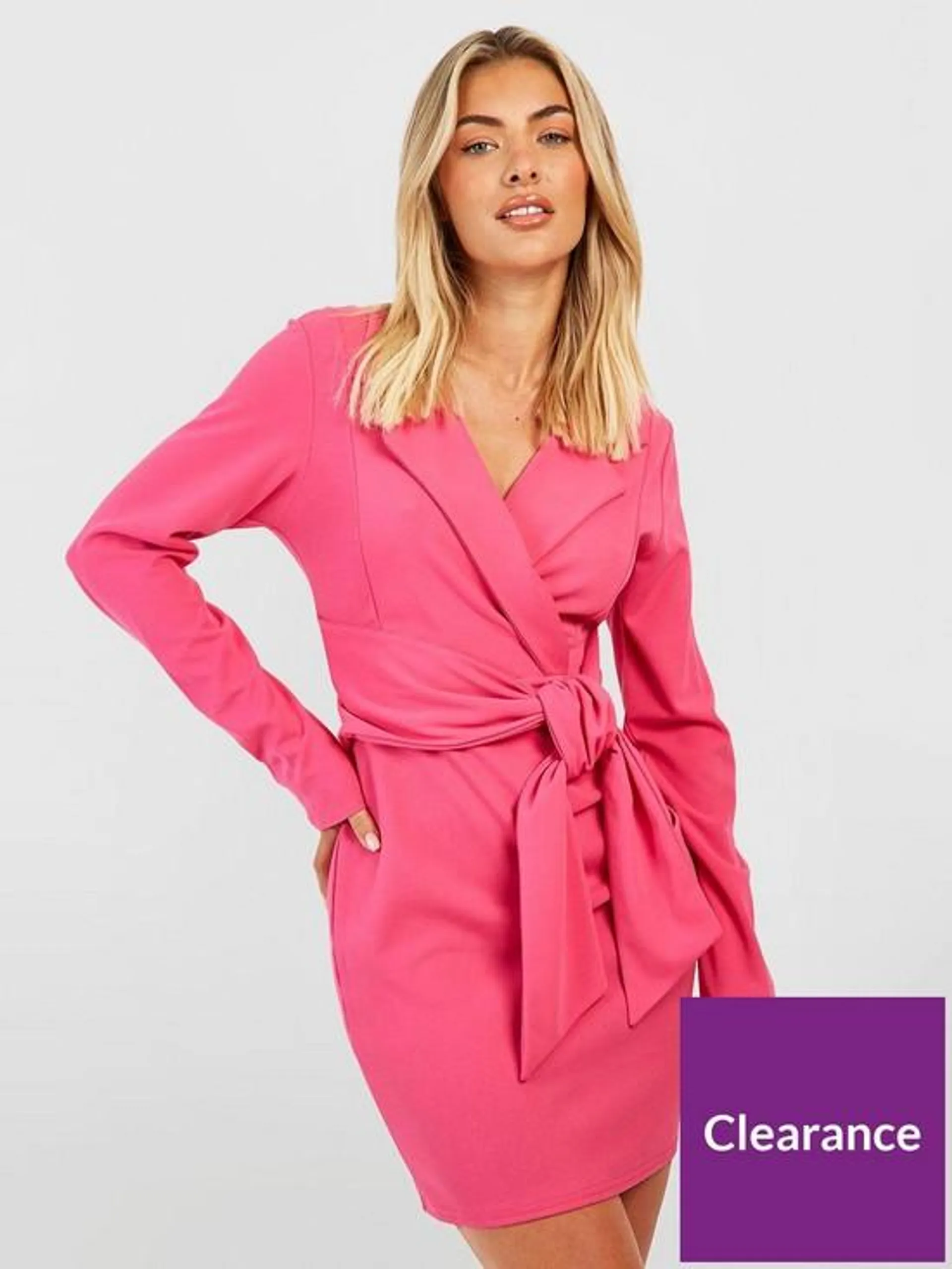 Crepe Tie Waist Blazer Dress - Hot Pink